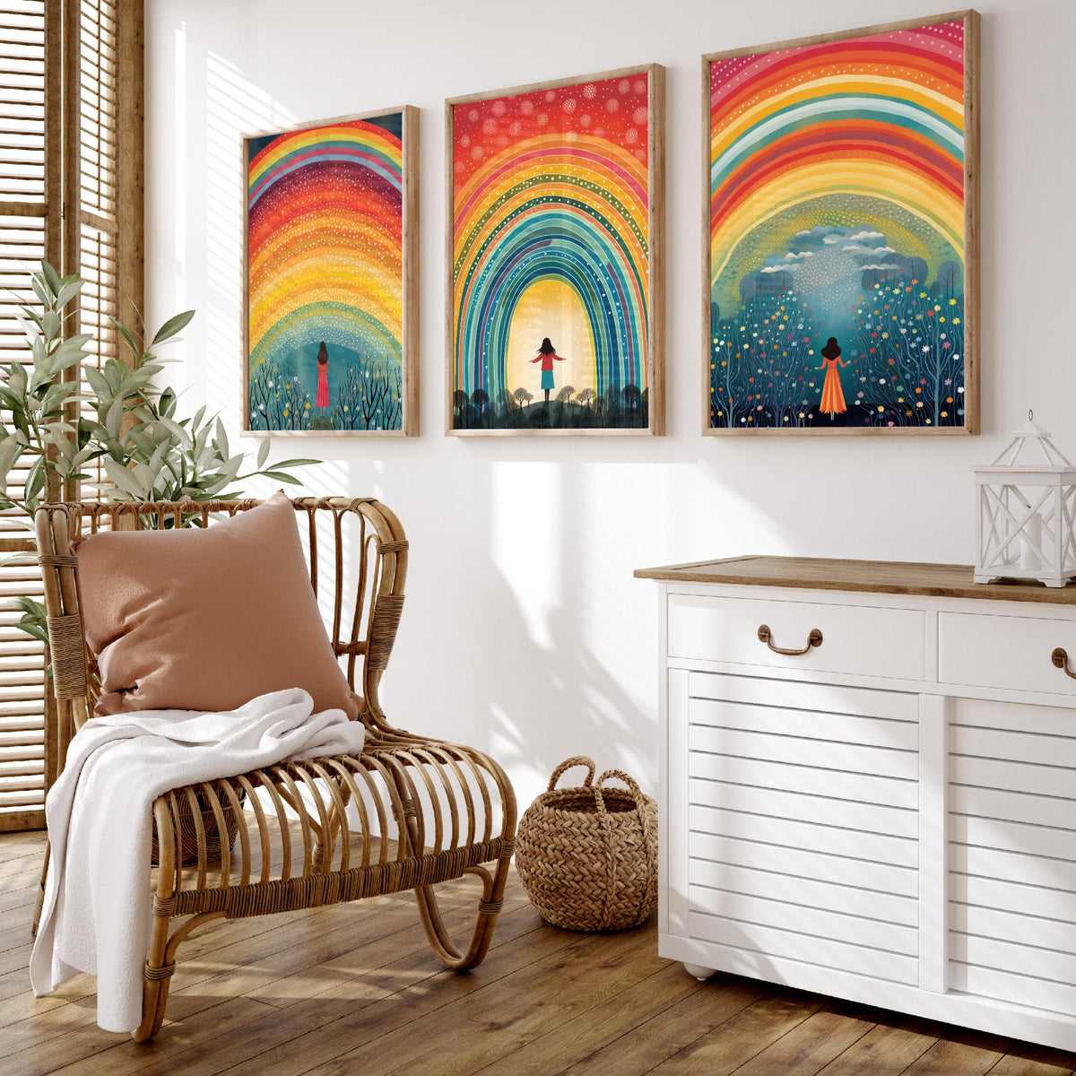 Rainbow Woman Set of Three Art Prints - Girl Under Dotted Rainbow, Open Arms in the Arch, Wildflower Wood - Folk Illustration Poster