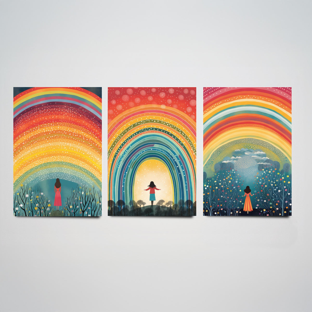 Rainbow Woman Set of Three Art Prints - Girl Under Dotted Rainbow, Open Arms in the Arch, Wildflower Wood - Folk Illustration Poster