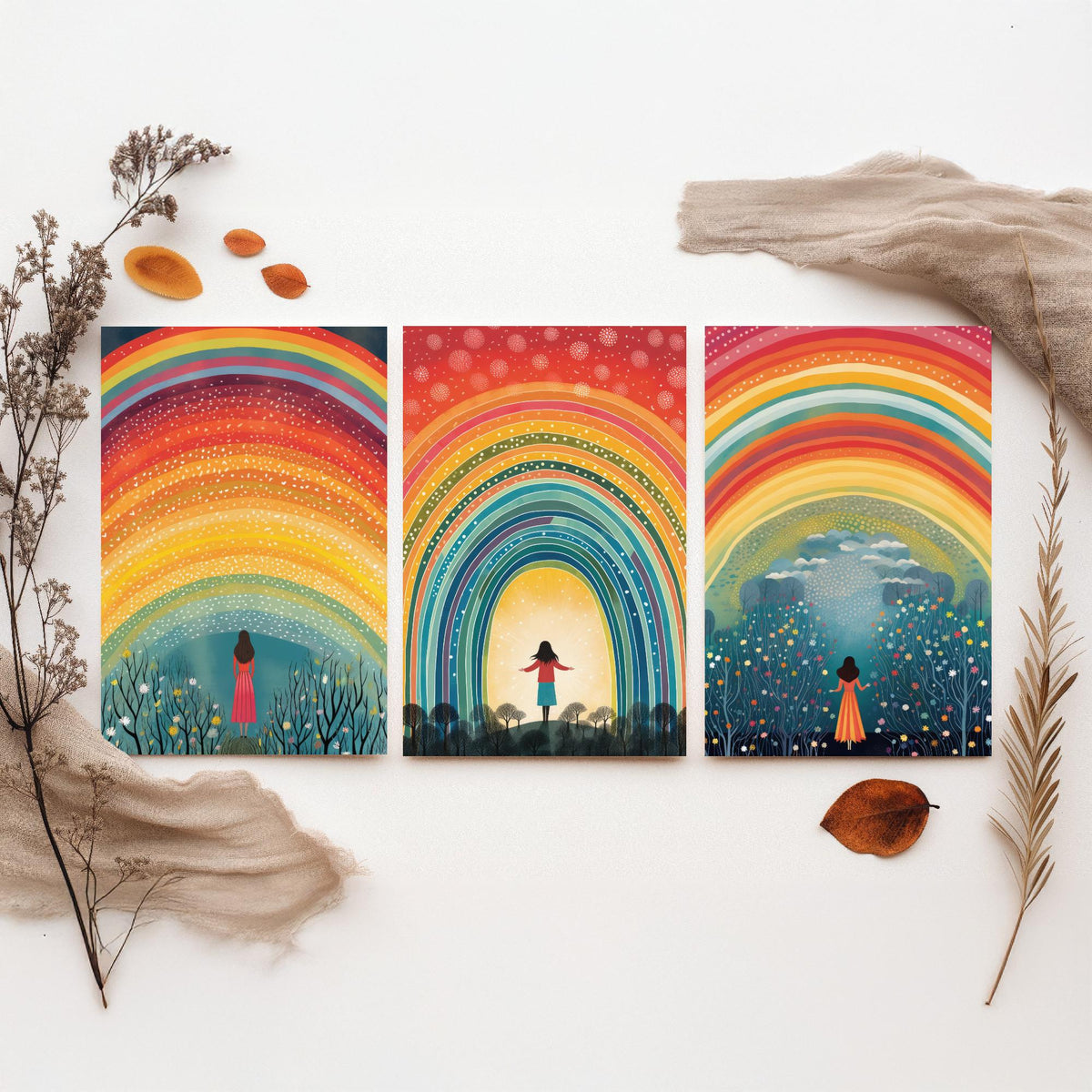 Rainbow Woman Set of Three Art Prints - Girl Under Dotted Rainbow, Open Arms in the Arch, Wildflower Wood - Folk Illustration Poster
