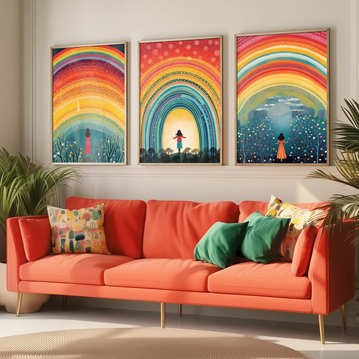 Rainbow Woman Set of Three Art Prints - Girl Under Dotted Rainbow, Open Arms in the Arch, Wildflower Wood - Folk Illustration Poster