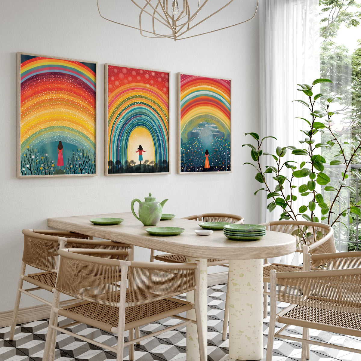 Rainbow Woman Set of Three Art Prints - Girl Under Dotted Rainbow, Open Arms in the Arch, Wildflower Wood - Folk Illustration Poster