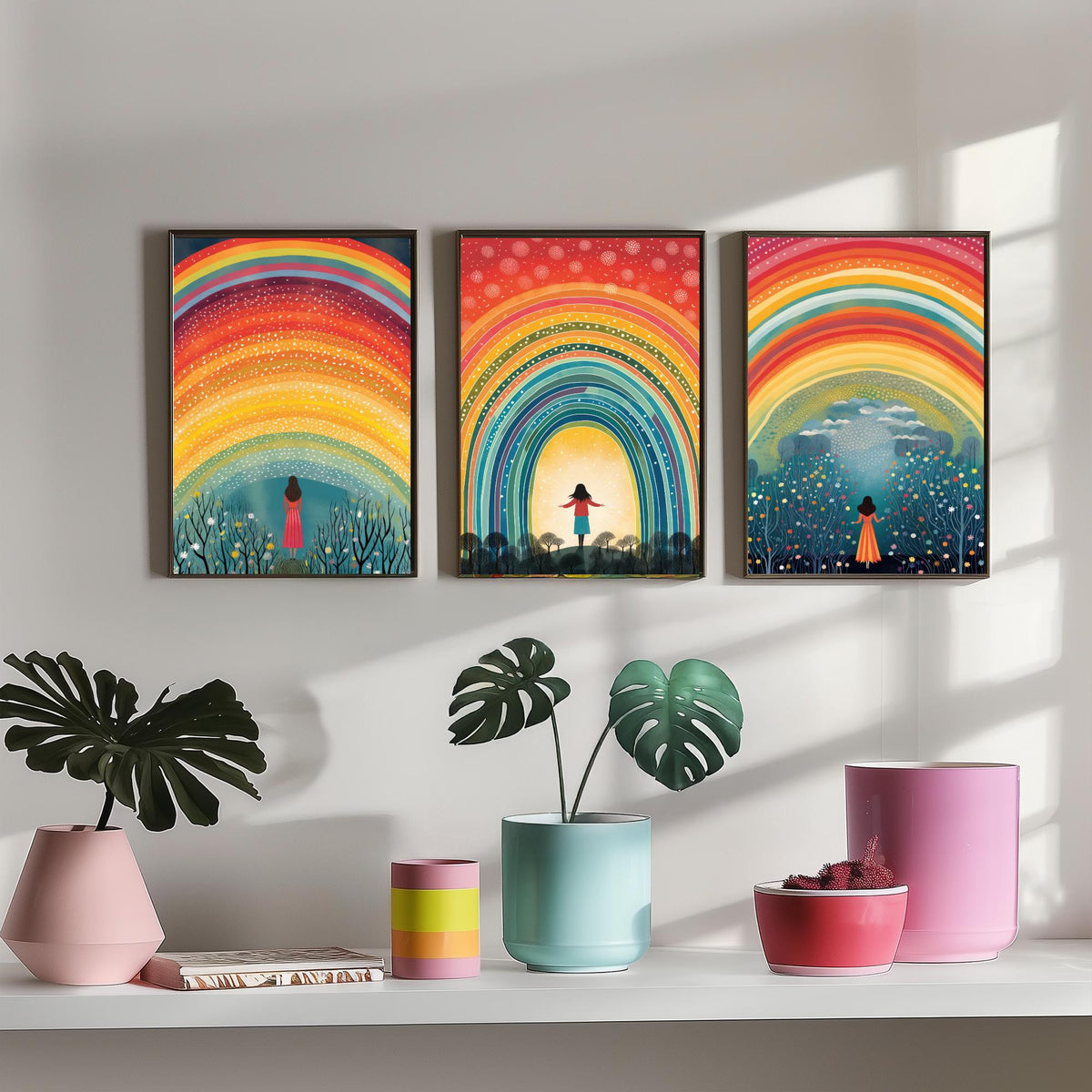 Rainbow Woman Set of Three Art Prints - Girl Under Dotted Rainbow, Open Arms in the Arch, Wildflower Wood - Folk Illustration Poster