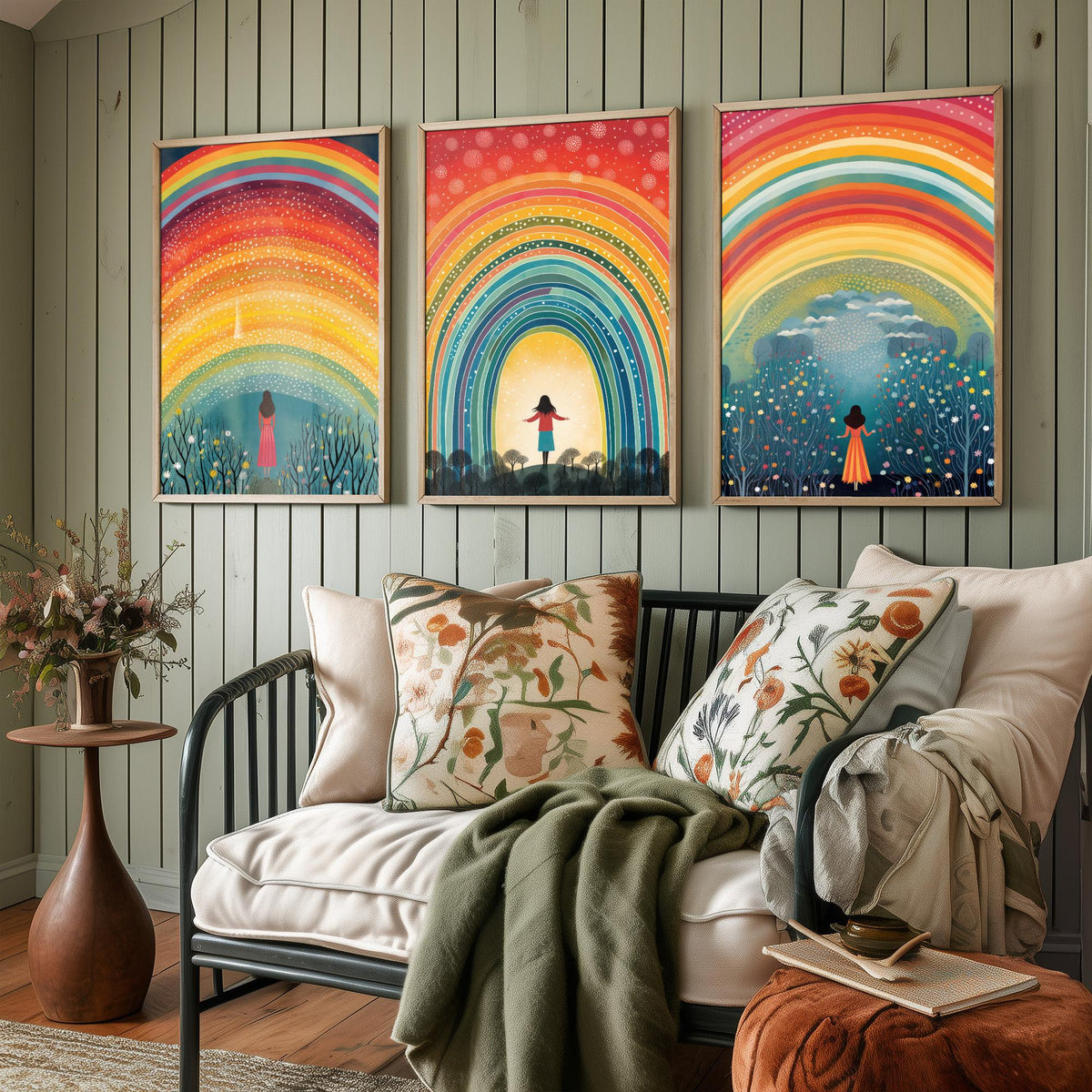 Rainbow Woman Set of Three Art Prints - Girl Under Dotted Rainbow, Open Arms in the Arch, Wildflower Wood - Folk Illustration Poster