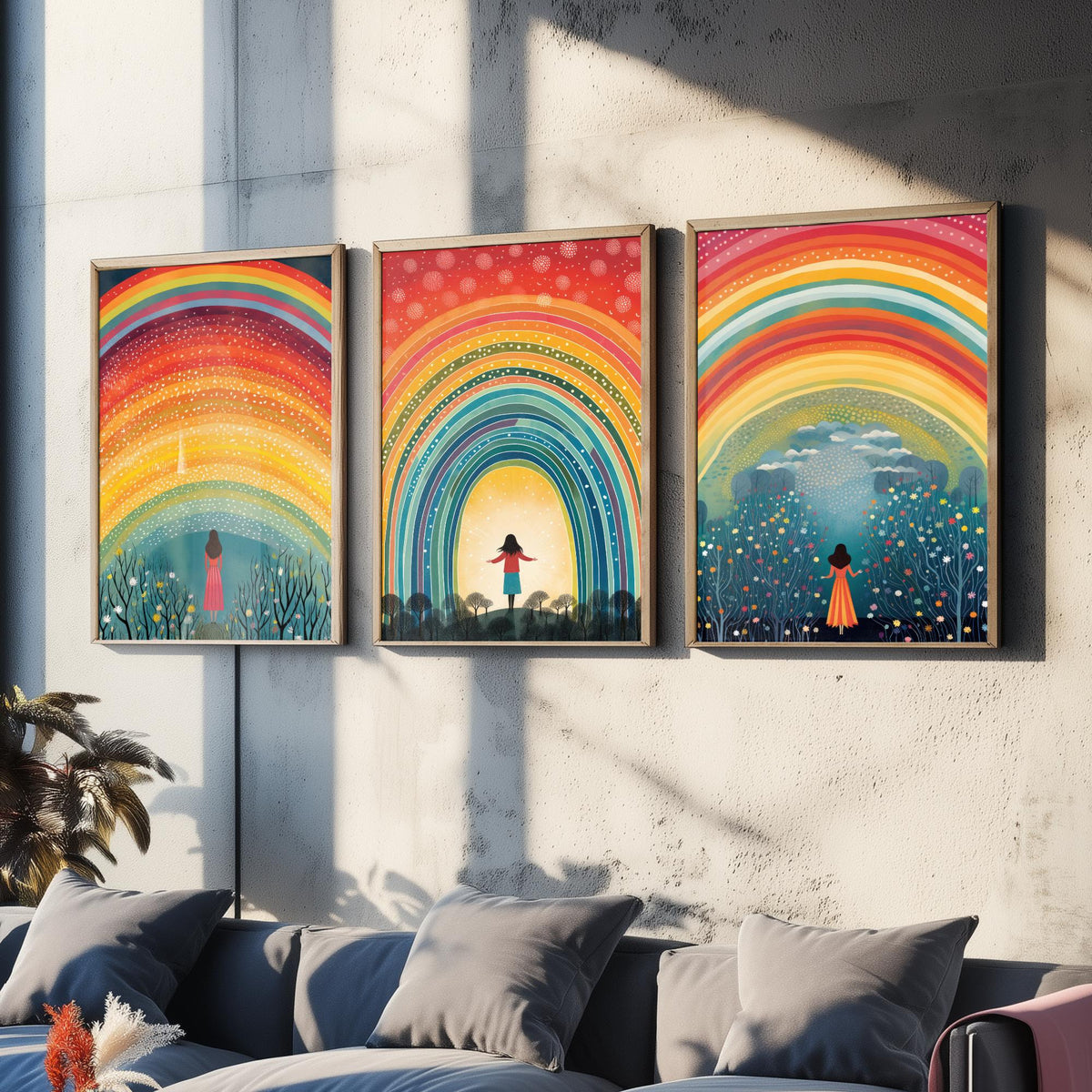 Rainbow Woman Set of Three Art Prints - Girl Under Dotted Rainbow, Open Arms in the Arch, Wildflower Wood - Folk Illustration Poster