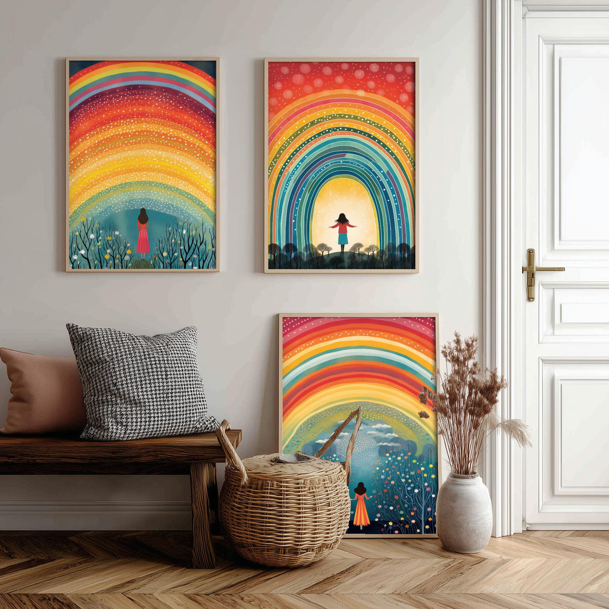 Rainbow Woman Set of Three Art Prints - Girl Under Dotted Rainbow, Open Arms in the Arch, Wildflower Wood - Folk Illustration Poster