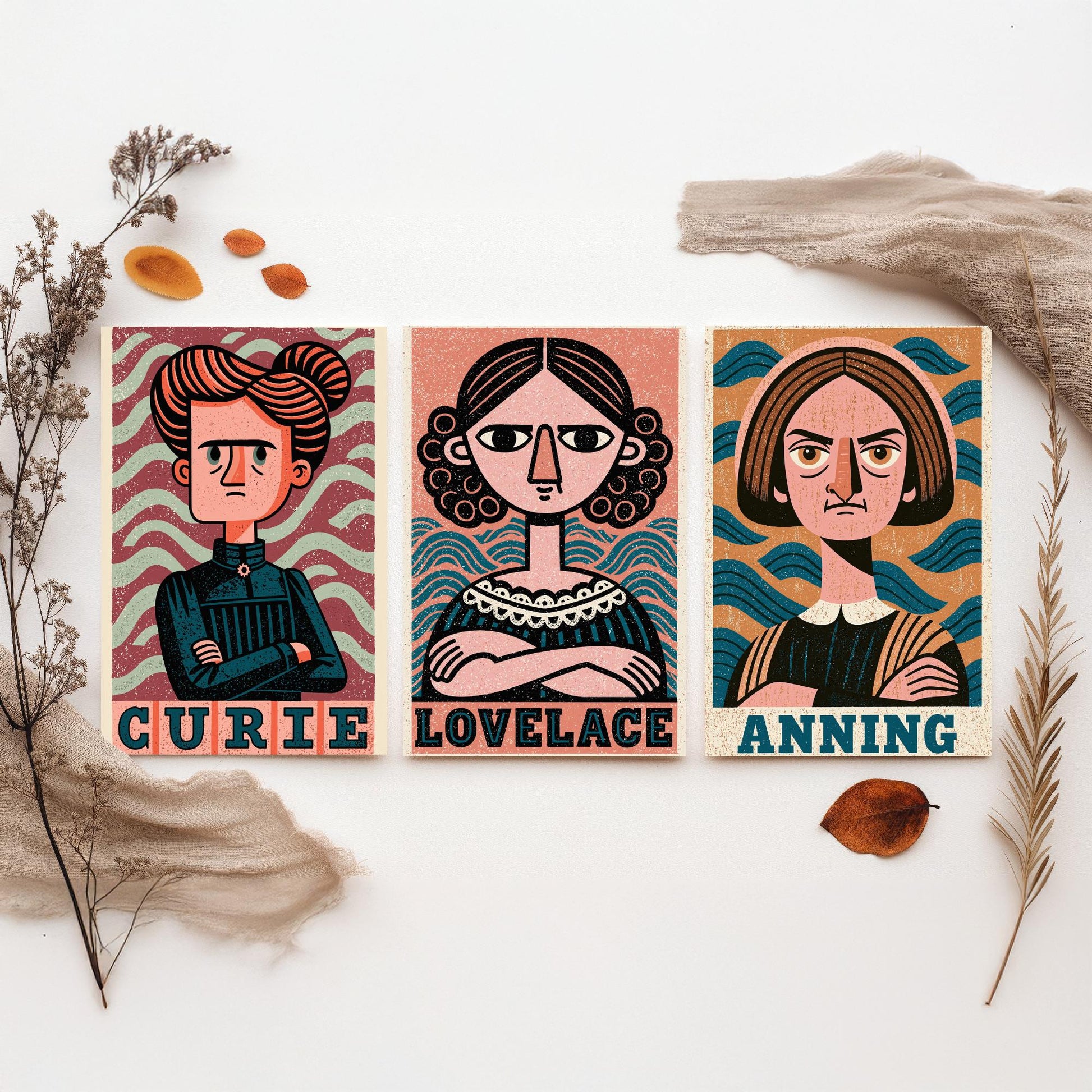 Women of Science Set of Three Art Prints - Marie Curie, Ada Lovelace, Mary Anning - Poster Wall Art Gift Illustration Decor