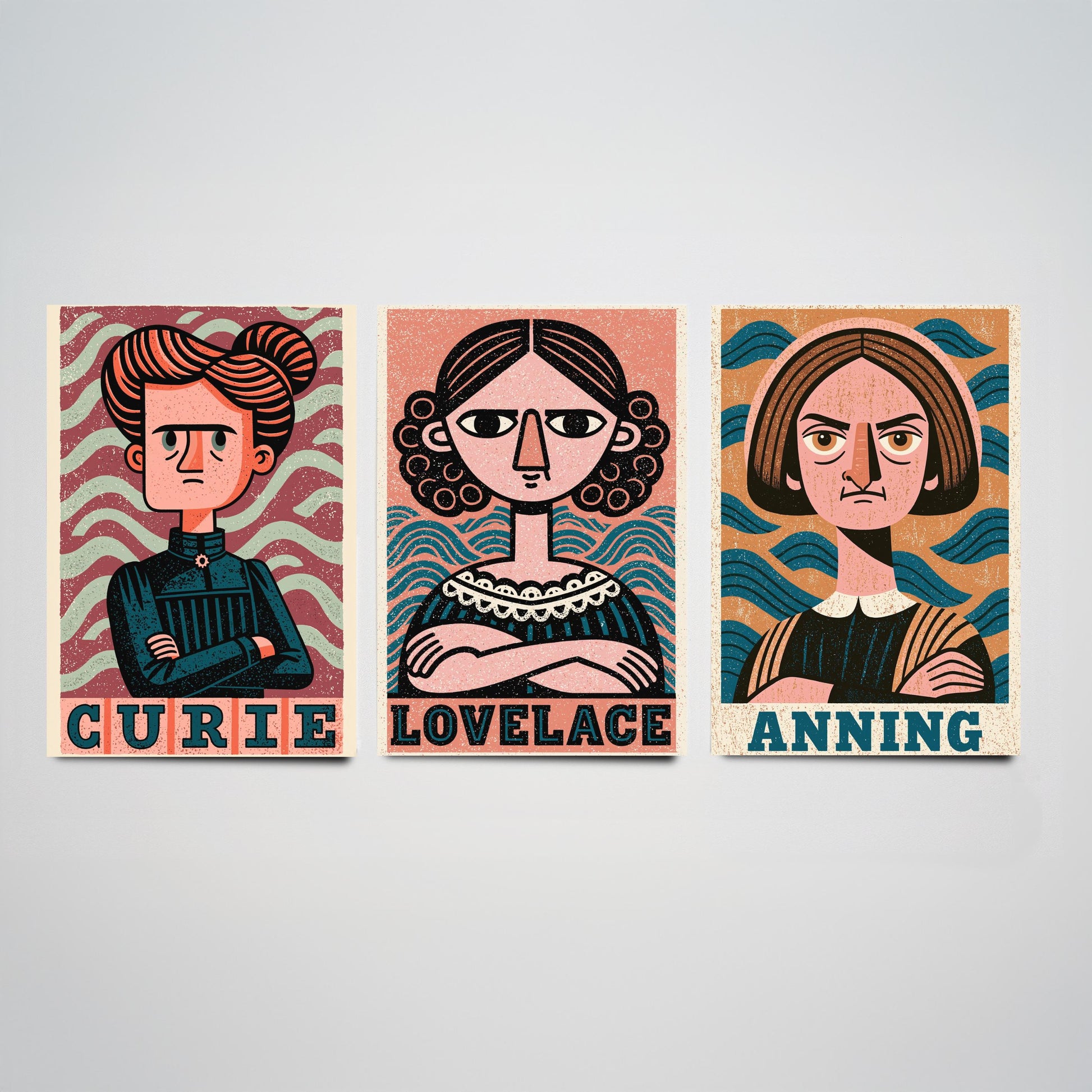 Women of Science Set of Three Art Prints - Marie Curie, Ada Lovelace, Mary Anning - Poster Wall Art Gift Illustration Decor