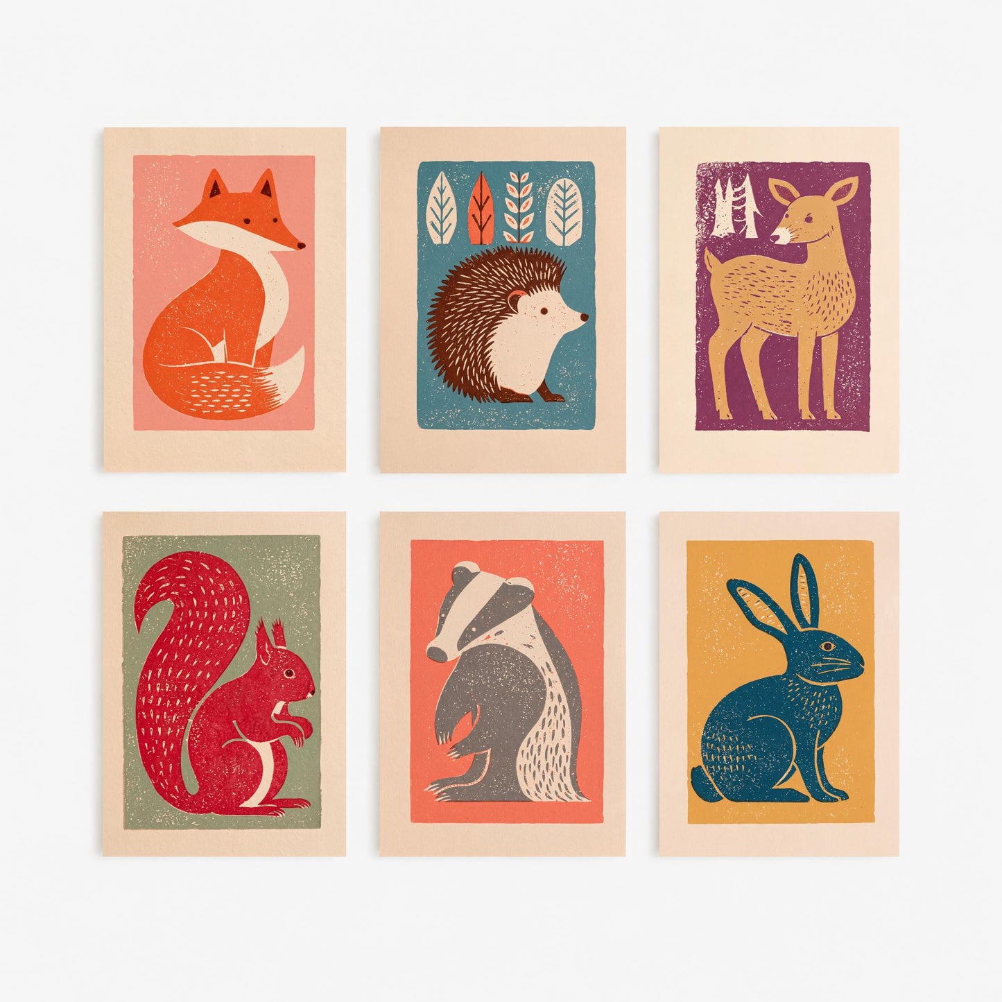 Set of Six Woodland Animal Linocut Art Prints - 6 Folk Illustrations - Fox, Hedgehog, Deer, Squirrel, Badger, Hare - Poster