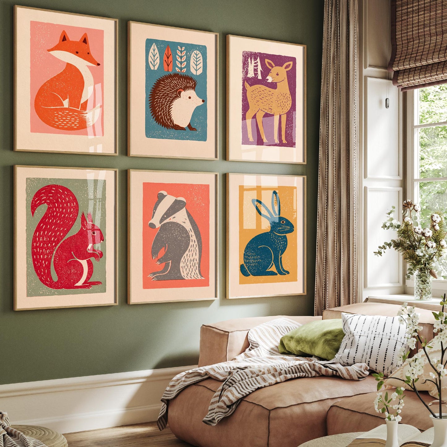 Set of Six Woodland Animal Linocut Art Prints - 6 Folk Illustrations - Fox, Hedgehog, Deer, Squirrel, Badger, Hare - Poster
