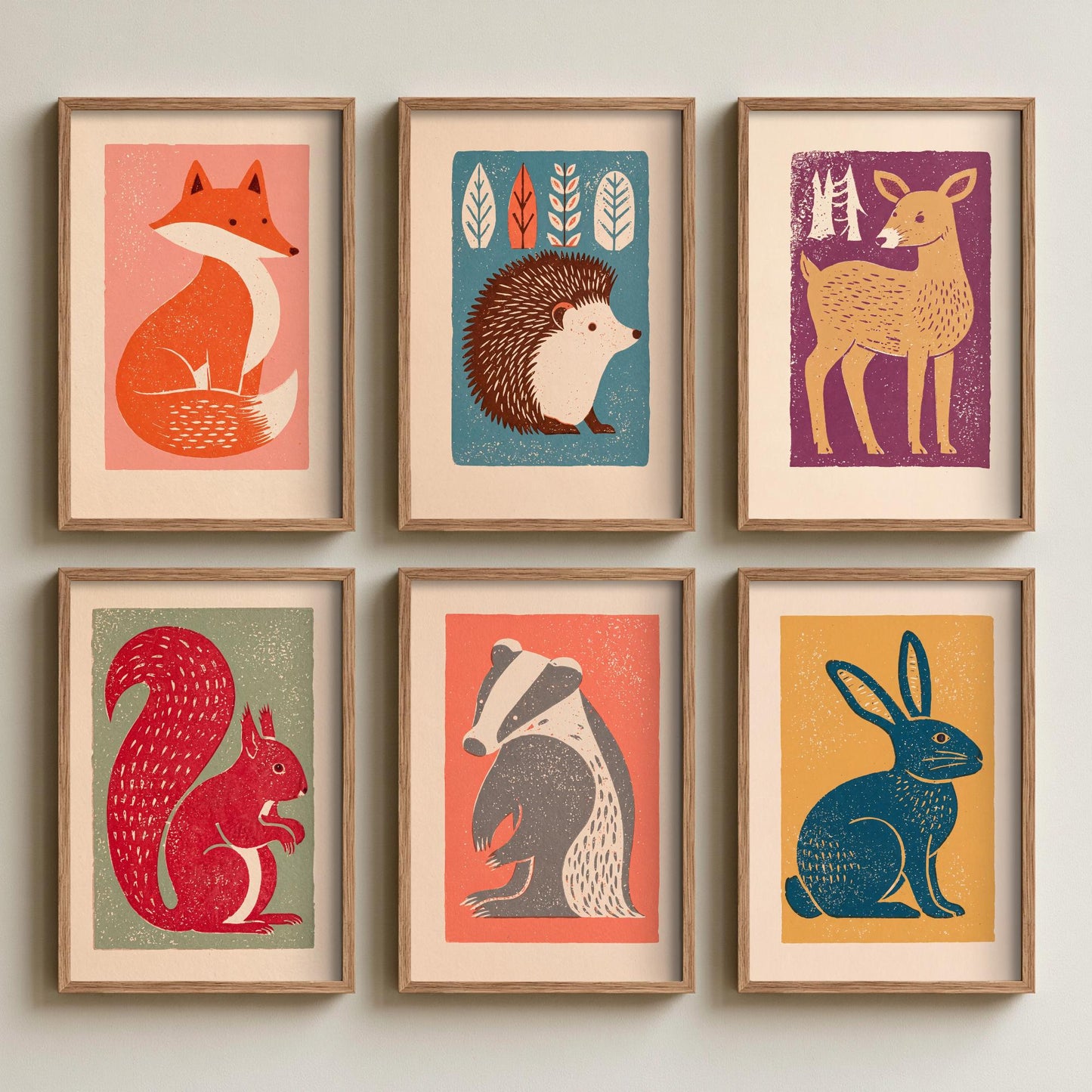 Set of Six Woodland Animal Linocut Art Prints - 6 Folk Illustrations - Fox, Hedgehog, Deer, Squirrel, Badger, Hare - Poster