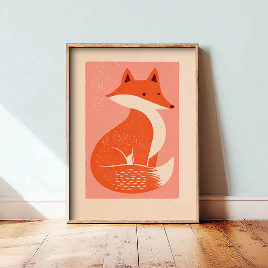 Fox Art Print - Charming Linocut Woodland Illustration - Pink Scandi Nursery Animal Poster 1/3