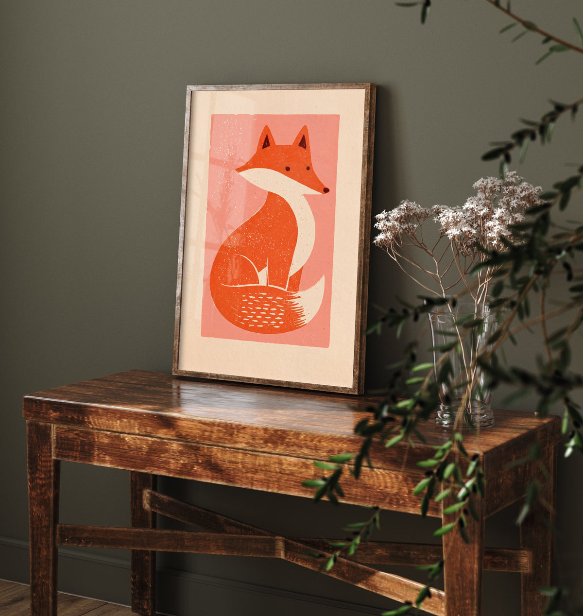 Fox Art Print - Charming Linocut Woodland Illustration - Pink Scandi Nursery Animal Poster 1/3