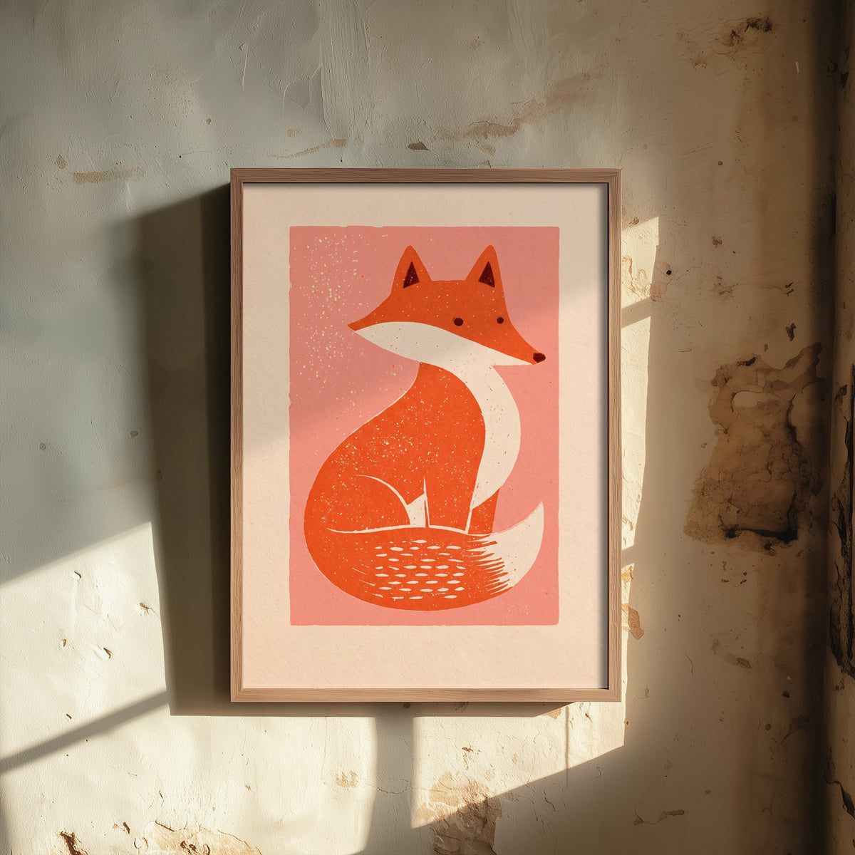 Fox Art Print - Charming Linocut Woodland Illustration - Pink Scandi Nursery Animal Poster 1/3