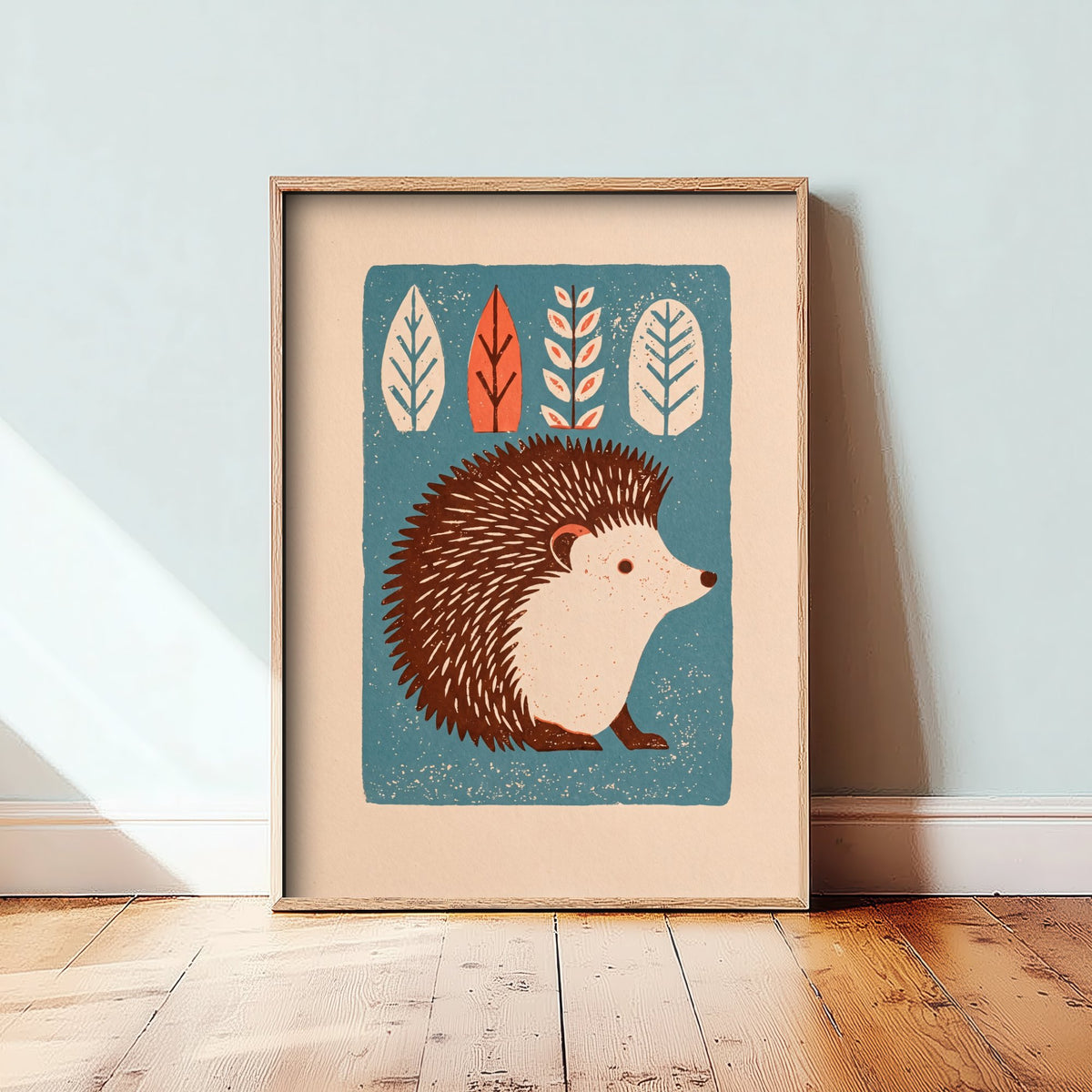 Hedgehog Art Print - Cute Linocut Woodland Illustration - Blue Scandi Nursery Poster 2/3