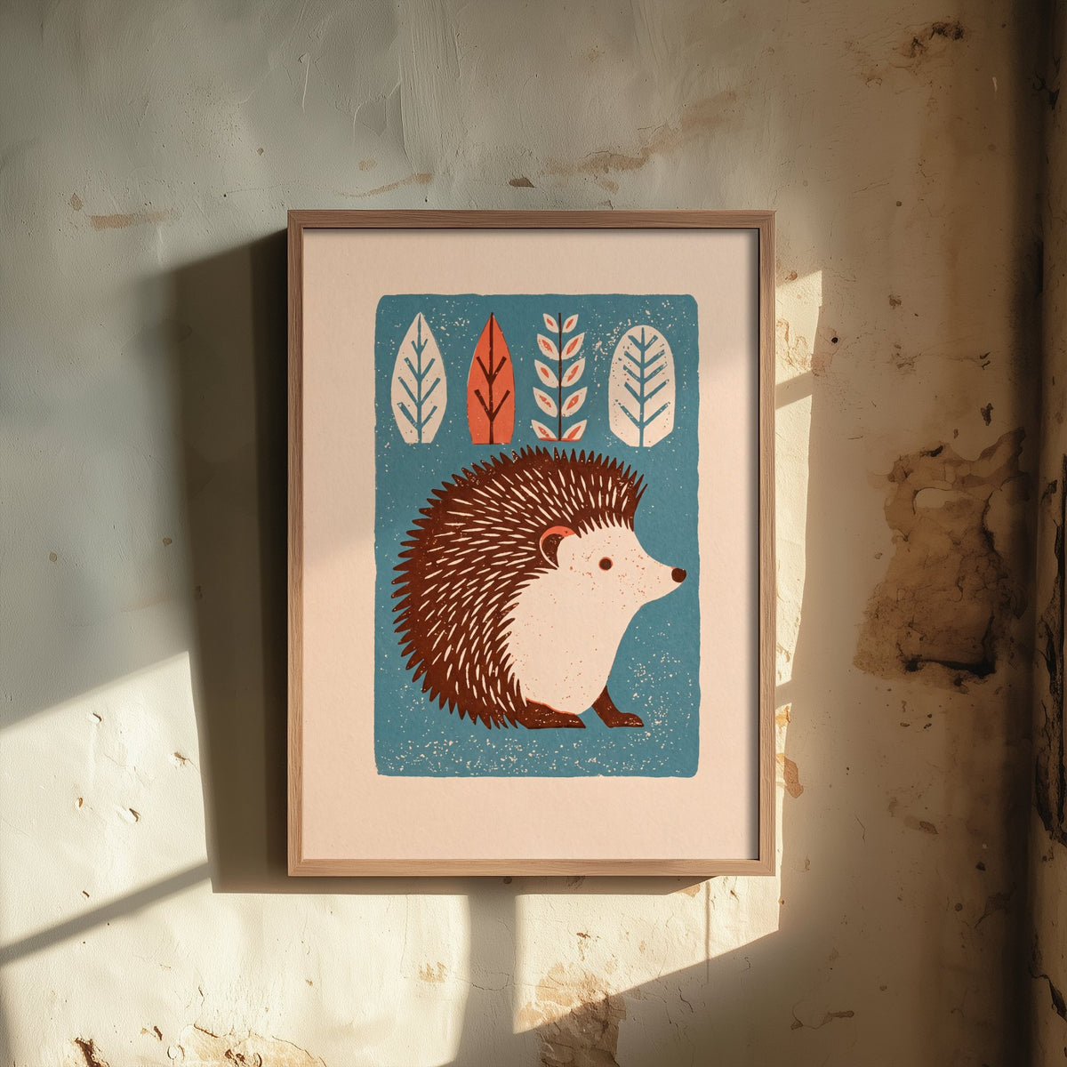 Hedgehog Art Print - Cute Linocut Woodland Illustration - Blue Scandi Nursery Poster 2/3