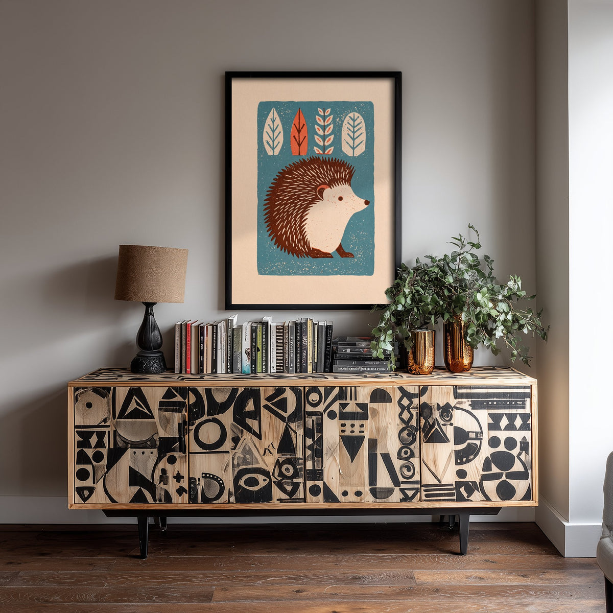 Hedgehog Art Print - Cute Linocut Woodland Illustration - Blue Scandi Nursery Poster 2/3