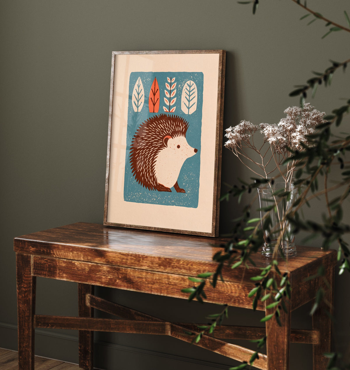 Hedgehog Art Print - Cute Linocut Woodland Illustration - Blue Scandi Nursery Poster 2/3
