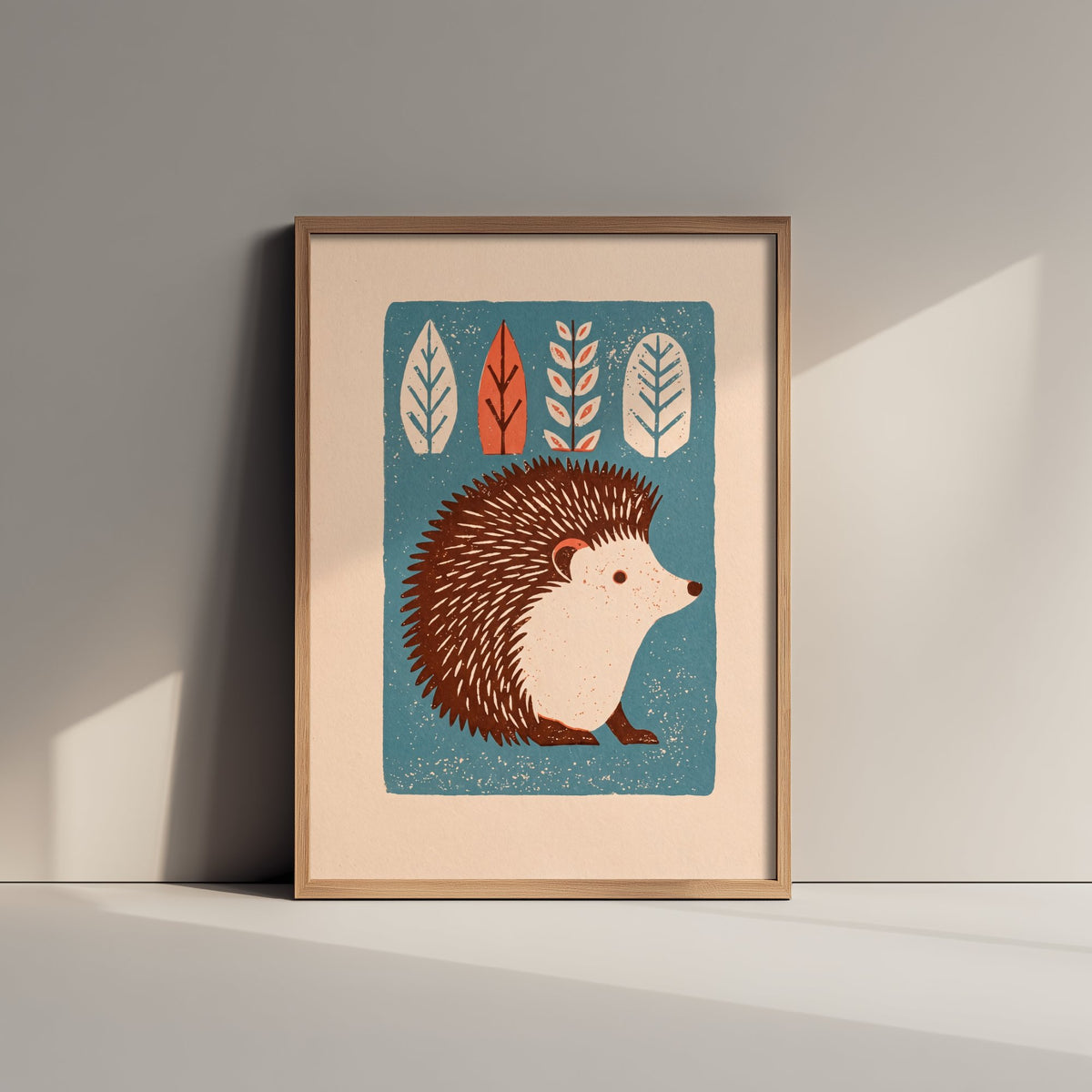 Hedgehog Art Print - Cute Linocut Woodland Illustration - Blue Scandi Nursery Poster 2/3