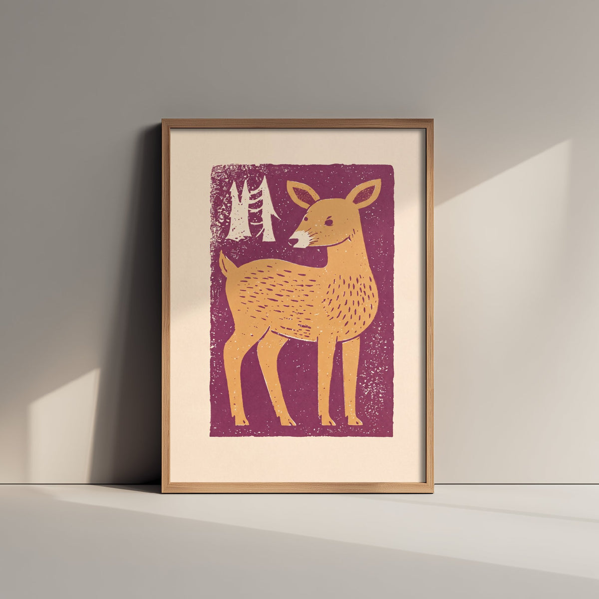 Deer Art Print - Charming Linocut Forest Illustration - Scandi Woodland Nursery Poster 3/3