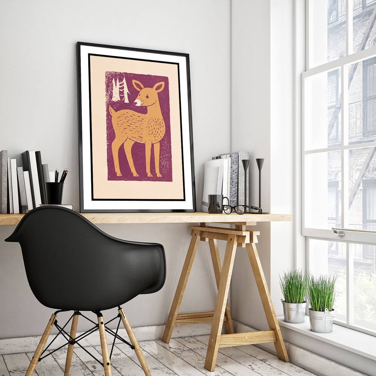 Deer Art Print - Charming Linocut Forest Illustration - Scandi Woodland Nursery Poster 3/3