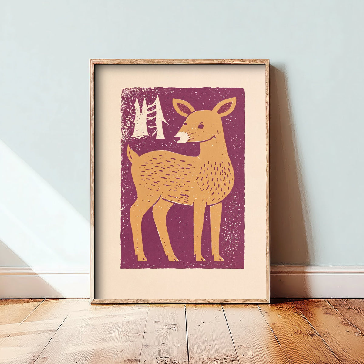 Deer Art Print - Charming Linocut Forest Illustration - Scandi Woodland Nursery Poster 3/3
