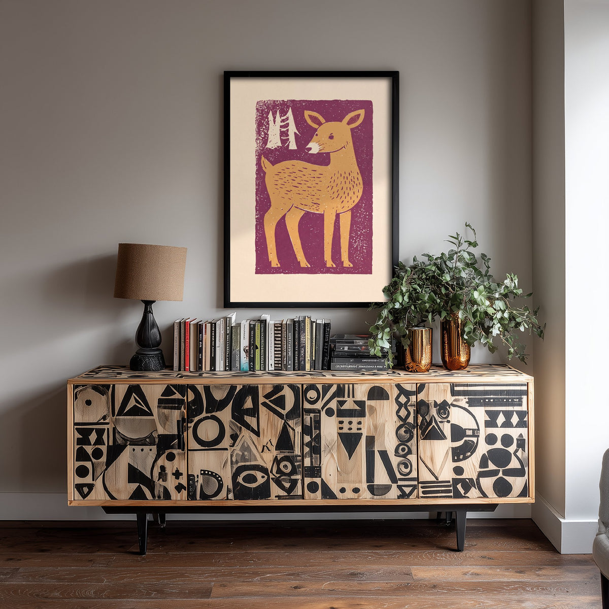 Deer Art Print - Charming Linocut Forest Illustration - Scandi Woodland Nursery Poster 3/3