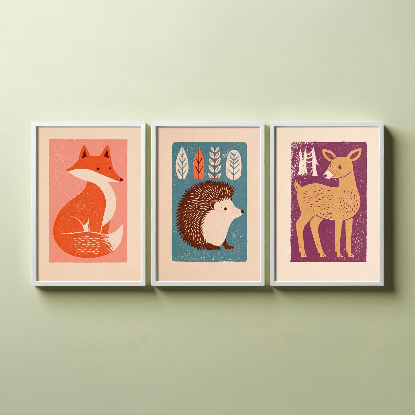 Fox Hedgehog Deer Set of Three Art Prints - Charming Linocut Woodland Trio - 3 Scandi Animal Illustrations - Nursery Poster