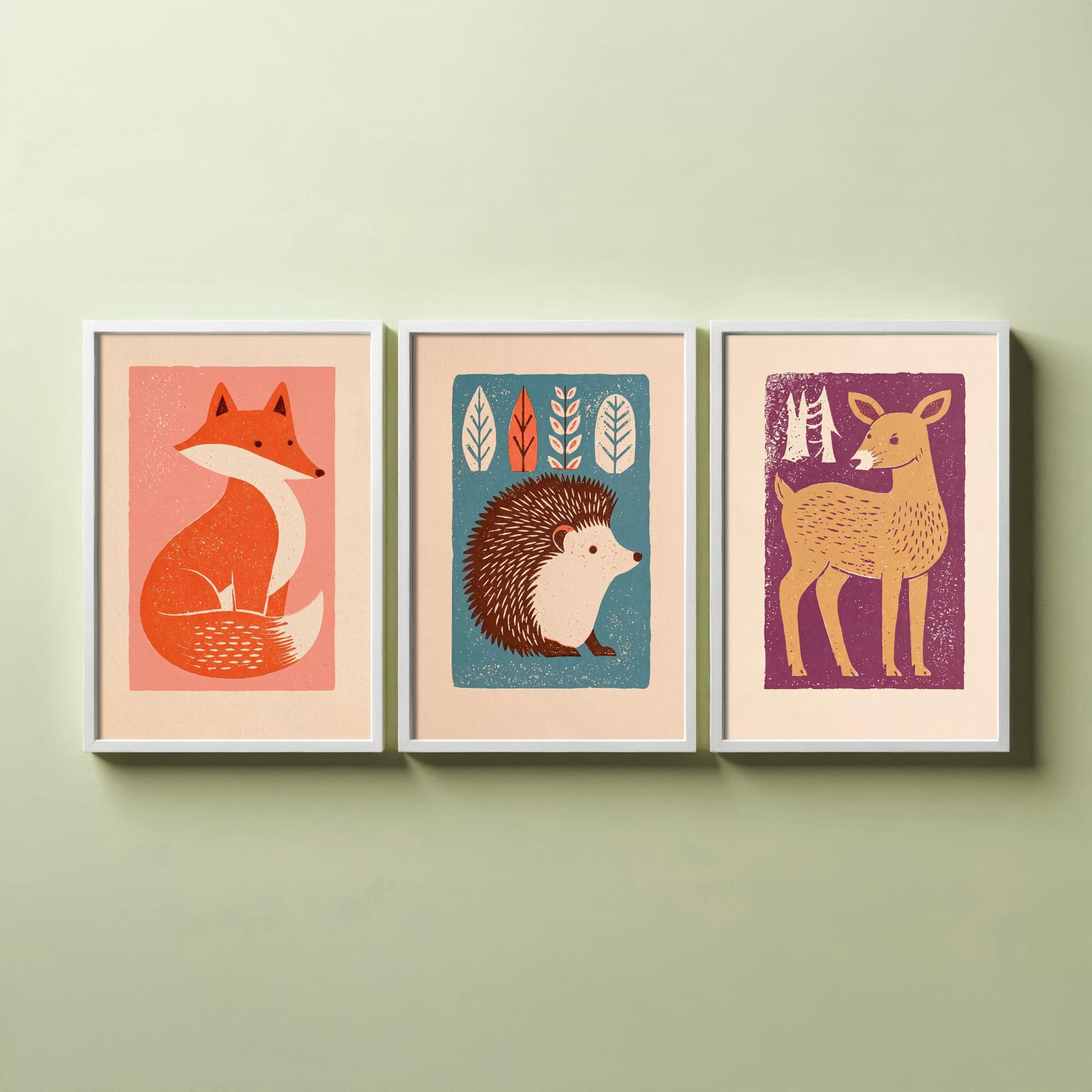Fox Hedgehog Deer Set of Three Art Prints - Charming Linocut Woodland Trio - 3 Scandi Animal Illustrations - Nursery Poster