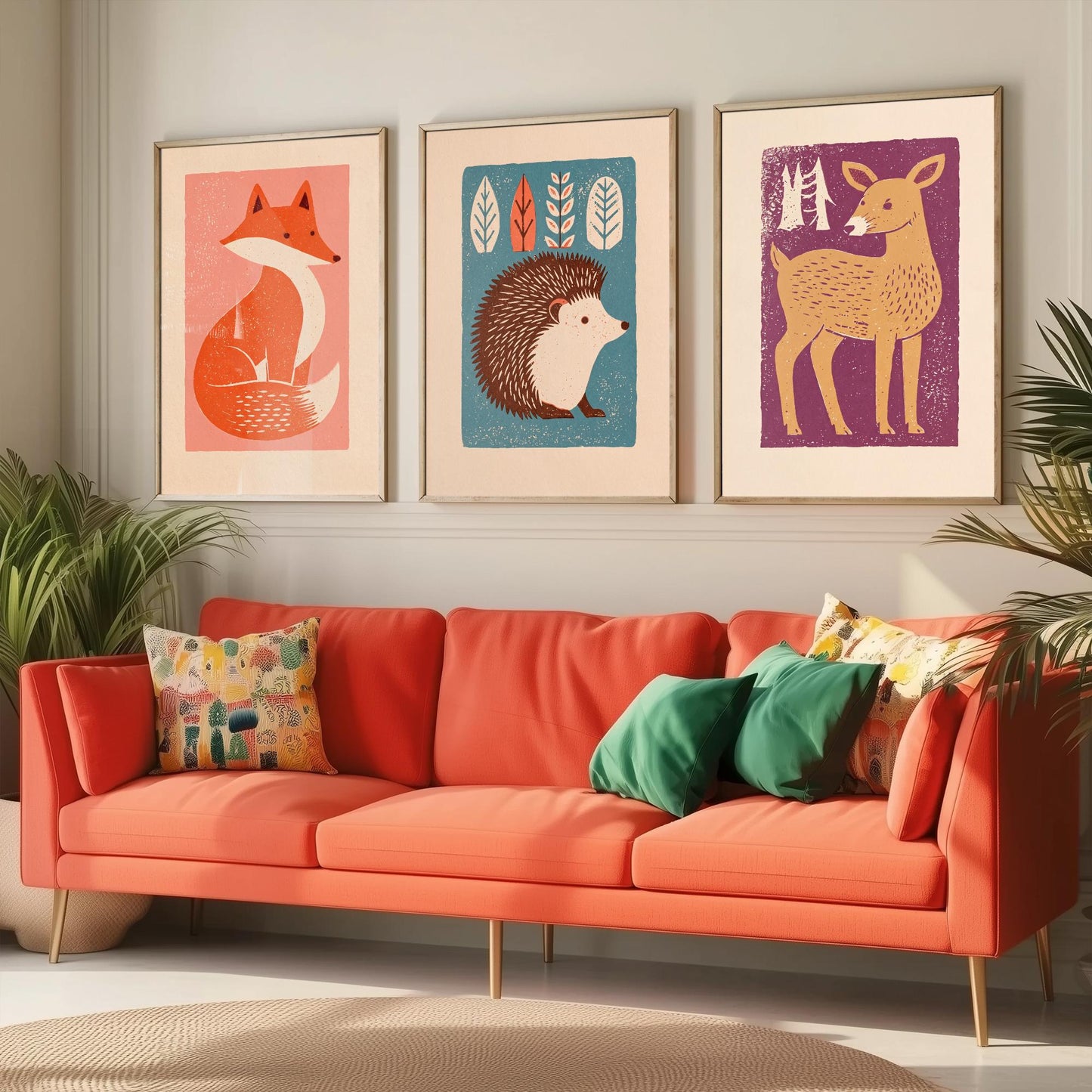Fox Hedgehog Deer Set of Three Art Prints - Charming Linocut Woodland Trio - 3 Scandi Animal Illustrations - Nursery Poster