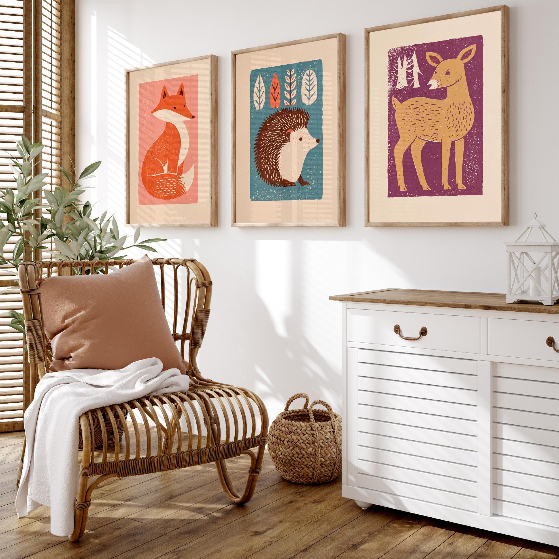 Fox Hedgehog Deer Set of Three Art Prints - Charming Linocut Woodland Trio - 3 Scandi Animal Illustrations - Nursery Poster