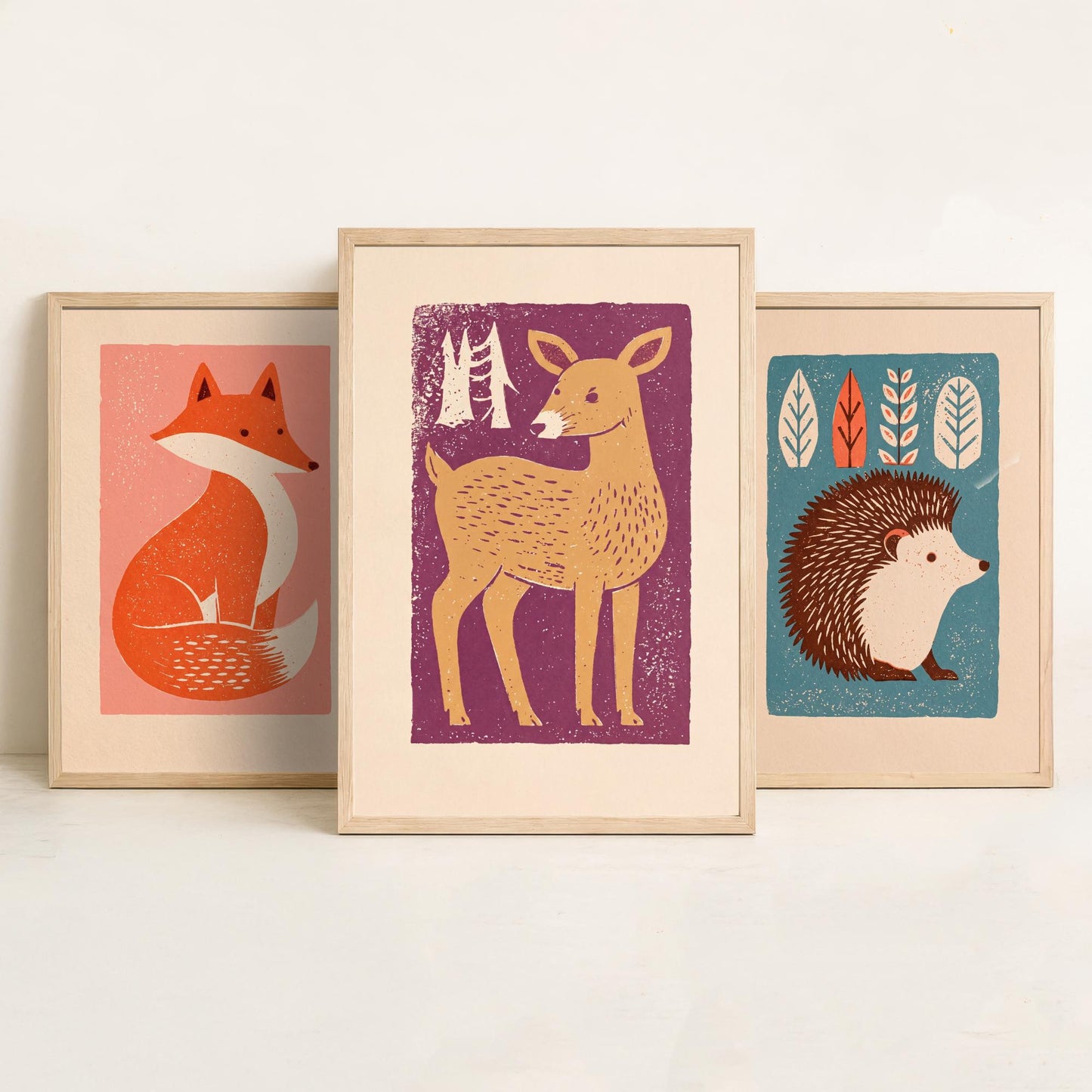 Fox Hedgehog Deer Set of Three Art Prints - Charming Linocut Woodland Trio - 3 Scandi Animal Illustrations - Nursery Poster