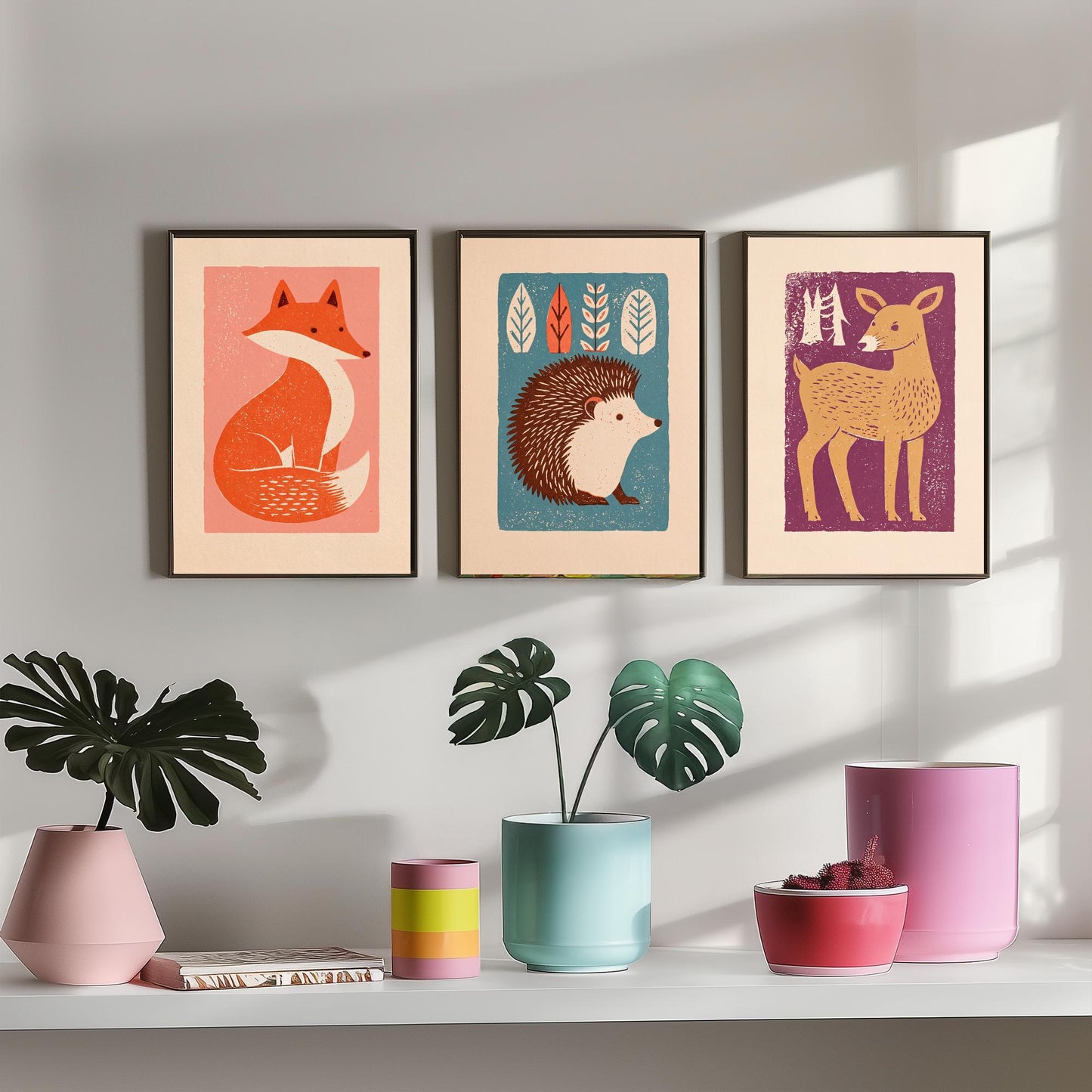 Fox Hedgehog Deer Set of Three Art Prints - Charming Linocut Woodland Trio - 3 Scandi Animal Illustrations - Nursery Poster