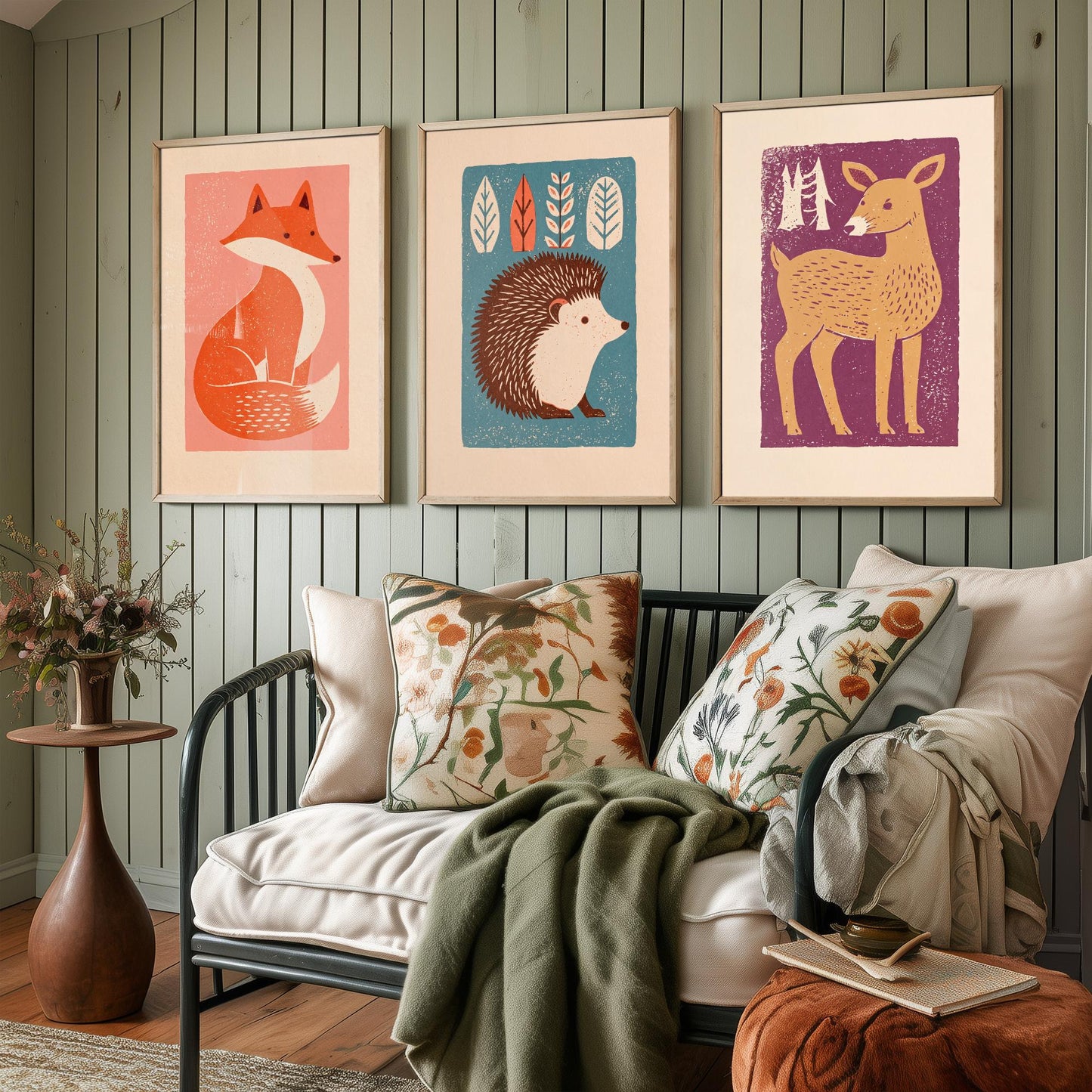Fox Hedgehog Deer Set of Three Art Prints - Charming Linocut Woodland Trio - 3 Scandi Animal Illustrations - Nursery Poster