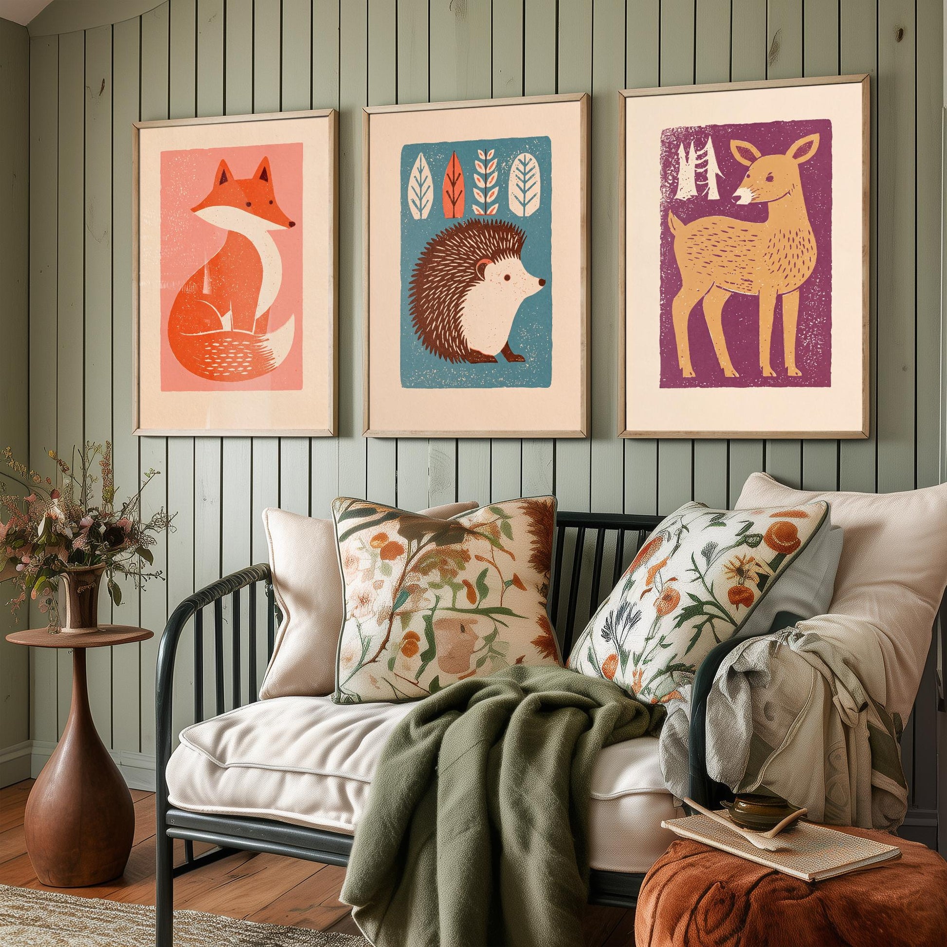 Fox Hedgehog Deer Set of Three Art Prints - Charming Linocut Woodland Trio - 3 Scandi Animal Illustrations - Nursery Poster