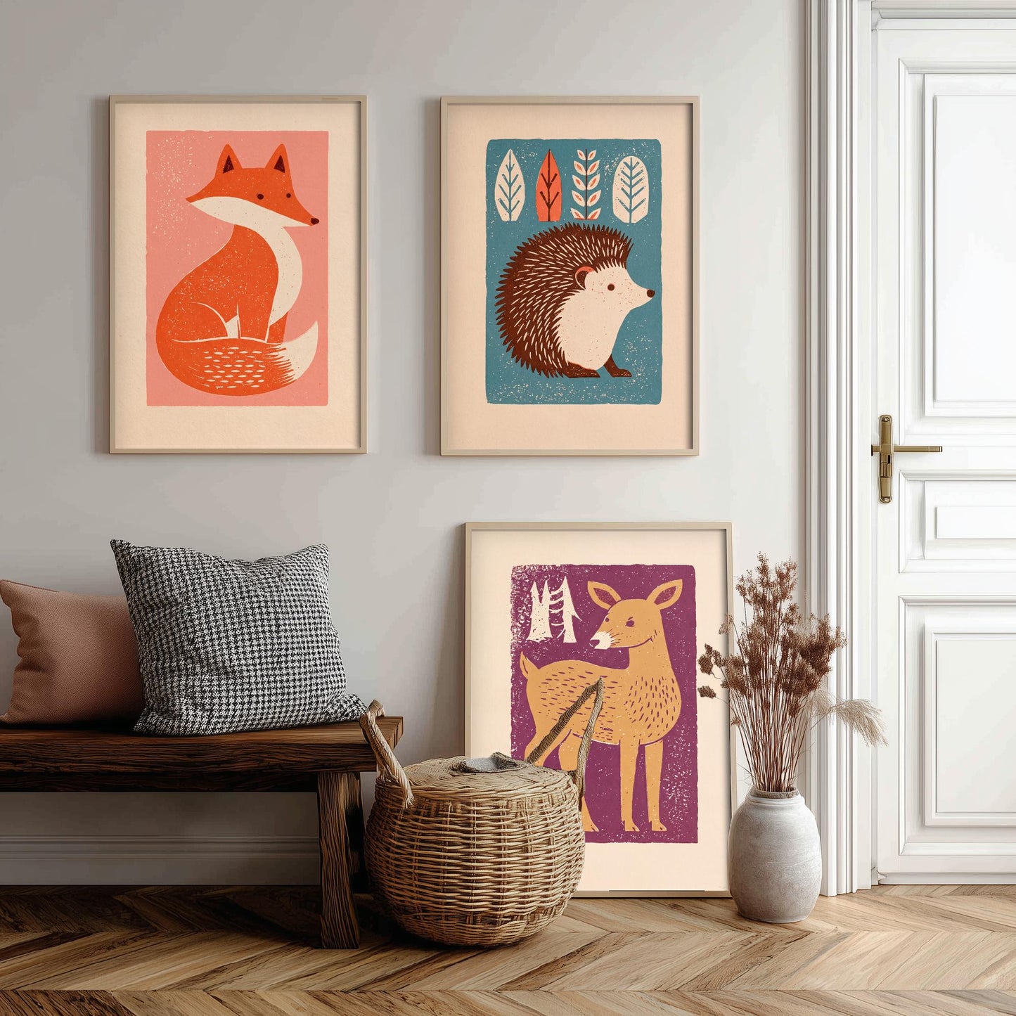Fox Hedgehog Deer Set of Three Art Prints - Charming Linocut Woodland Trio - 3 Scandi Animal Illustrations - Nursery Poster