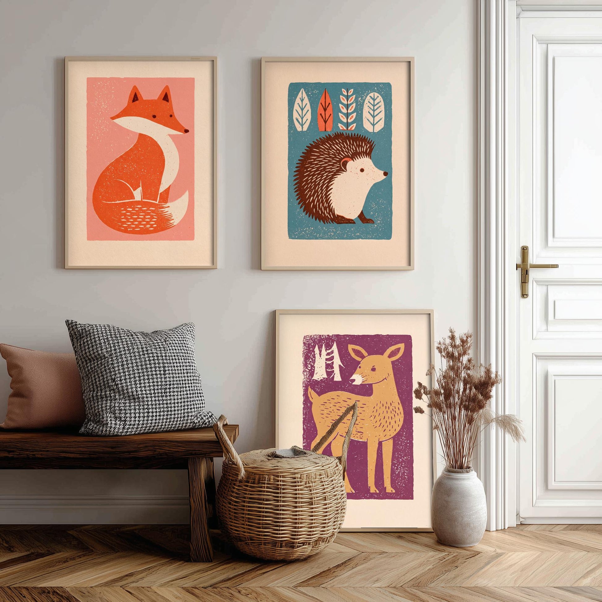 Fox Hedgehog Deer Set of Three Art Prints - Charming Linocut Woodland Trio - 3 Scandi Animal Illustrations - Nursery Poster