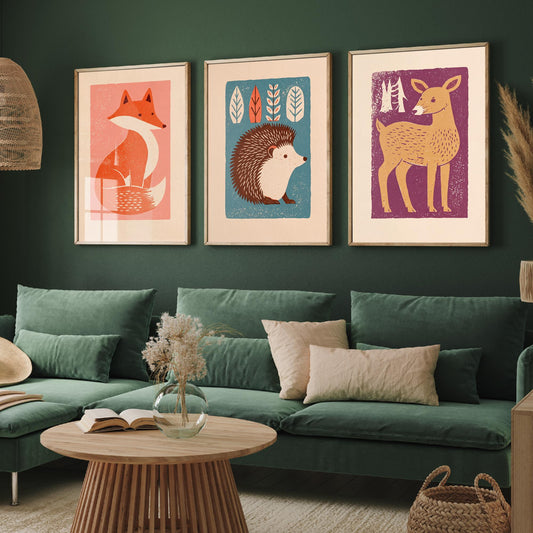 Fox Hedgehog Deer Set of Three Art Prints - Charming Linocut Woodland Trio - 3 Scandi Animal Illustrations - Nursery Poster
