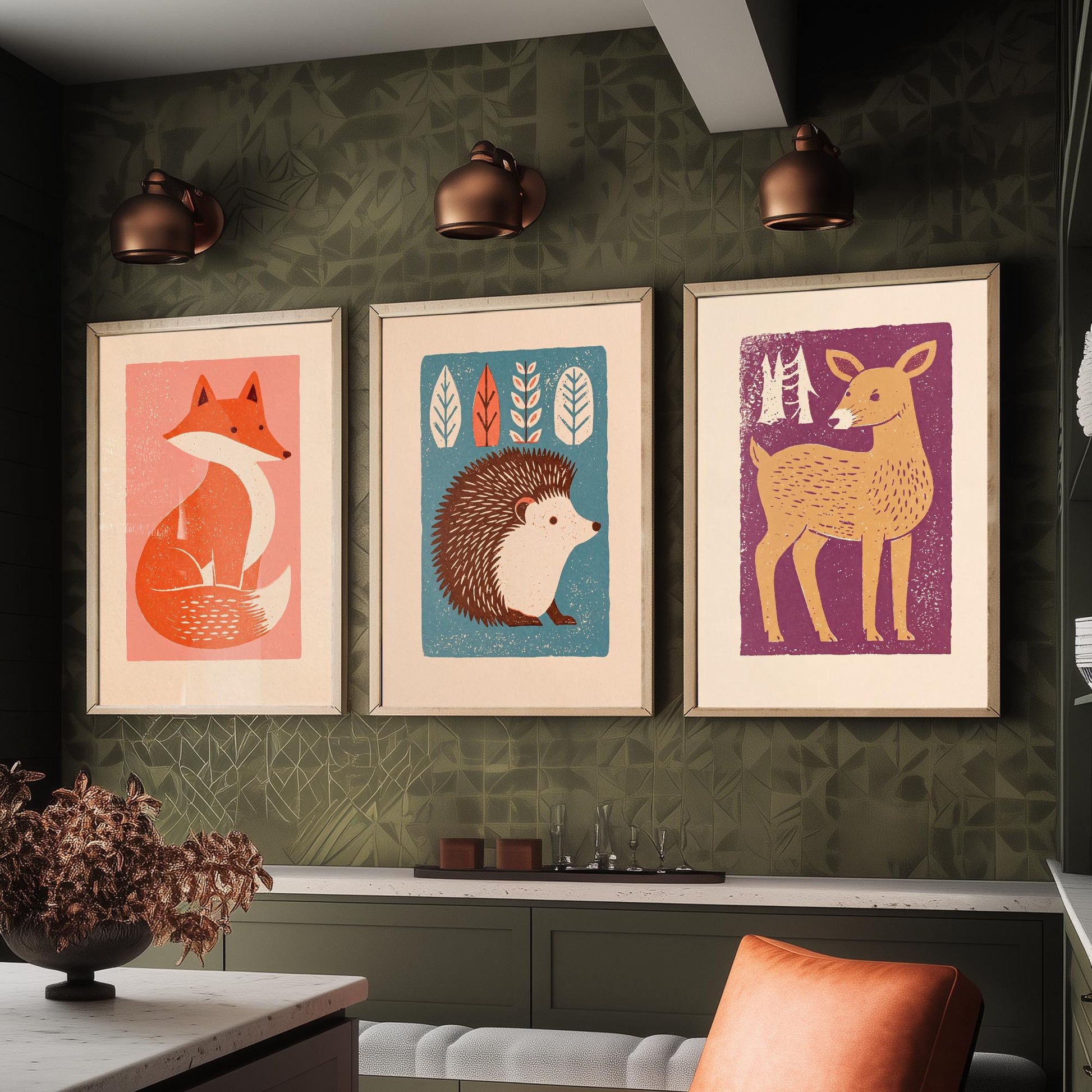 Fox Hedgehog Deer Set of Three Art Prints - Charming Linocut Woodland Trio - 3 Scandi Animal Illustrations - Nursery Poster