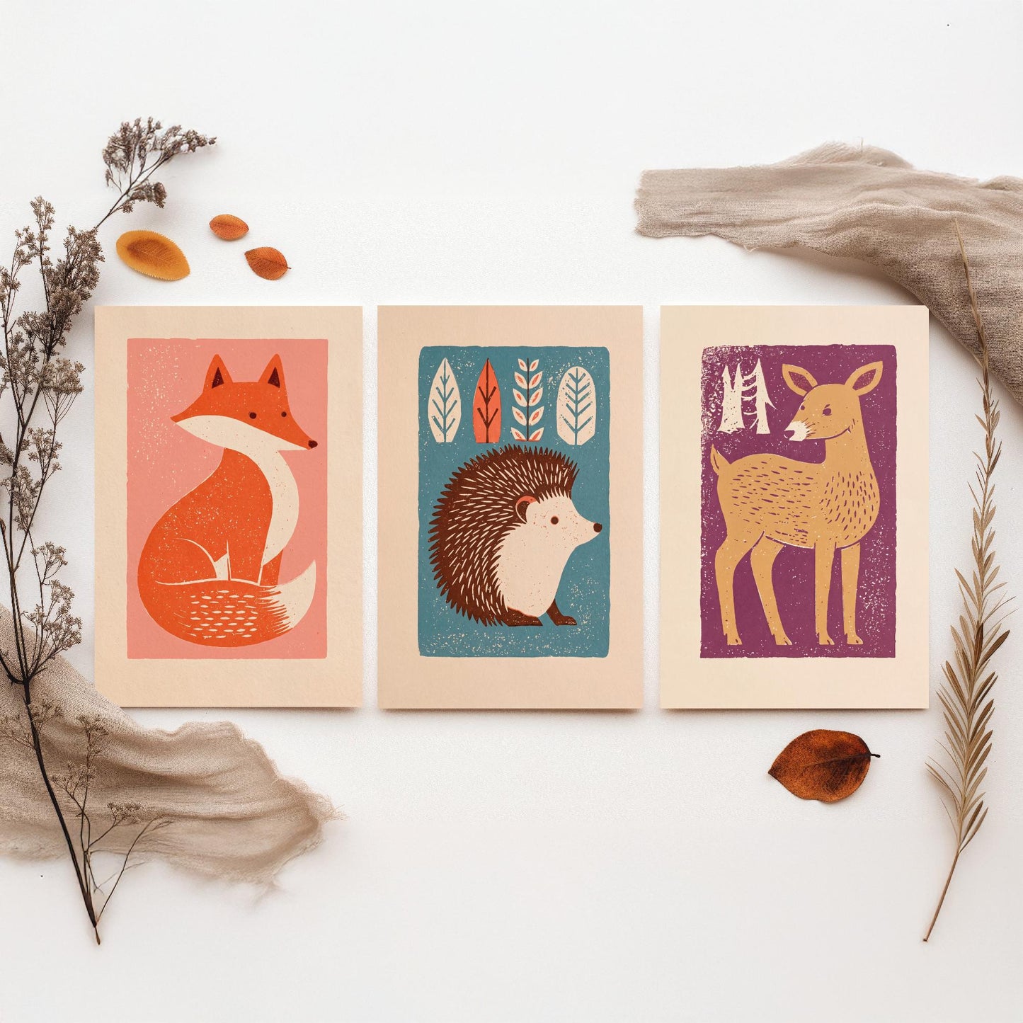 Fox Hedgehog Deer Set of Three Art Prints - Charming Linocut Woodland Trio - 3 Scandi Animal Illustrations - Nursery Poster