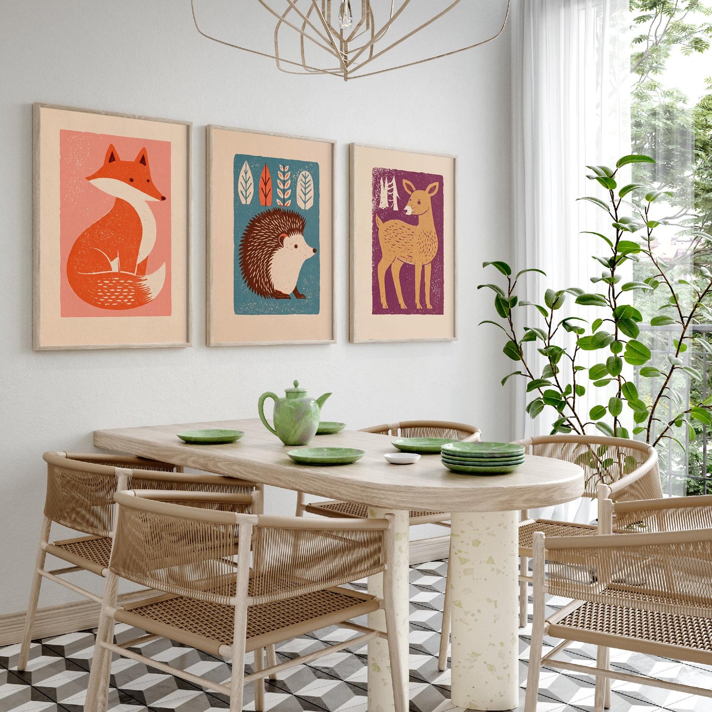 Fox Hedgehog Deer Set of Three Art Prints - Charming Linocut Woodland Trio - 3 Scandi Animal Illustrations - Nursery Poster