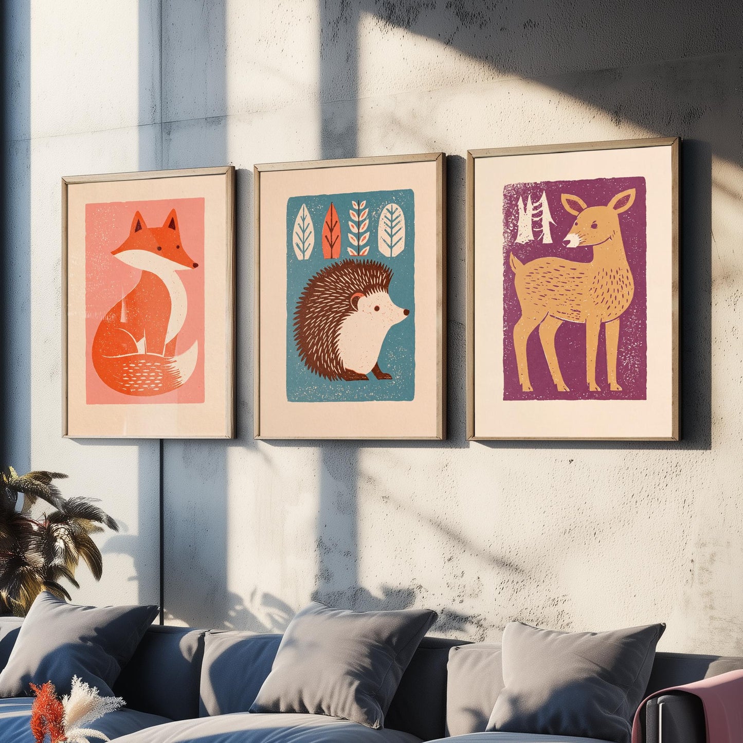 Fox Hedgehog Deer Set of Three Art Prints - Charming Linocut Woodland Trio - 3 Scandi Animal Illustrations - Nursery Poster