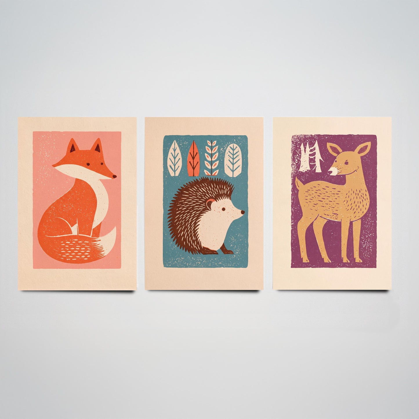 Fox Hedgehog Deer Set of Three Art Prints - Charming Linocut Woodland Trio - 3 Scandi Animal Illustrations - Nursery Poster