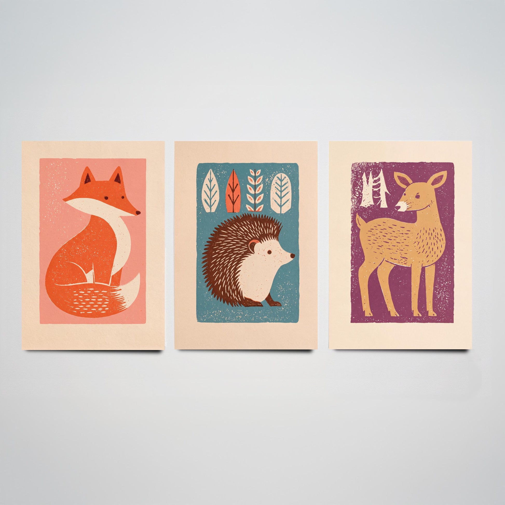 Fox Hedgehog Deer Set of Three Art Prints - Charming Linocut Woodland Trio - 3 Scandi Animal Illustrations - Nursery Poster