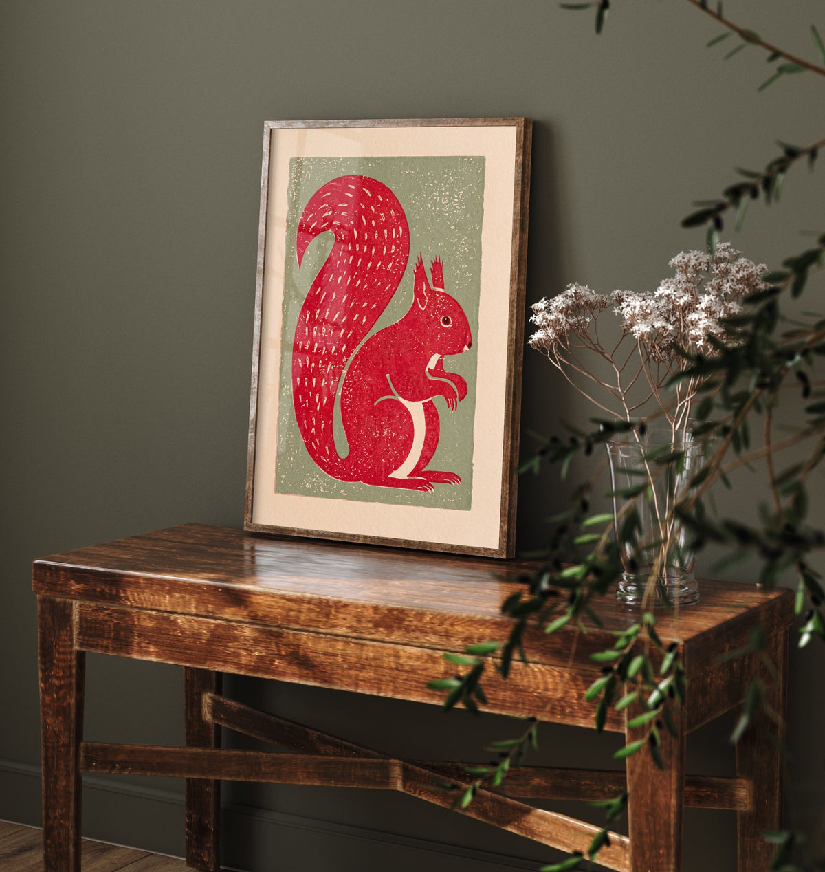 Red Squirrel Art Print - Rustic Linocut Countryside Illustration - British Wildlife Nursery Poster 1/3