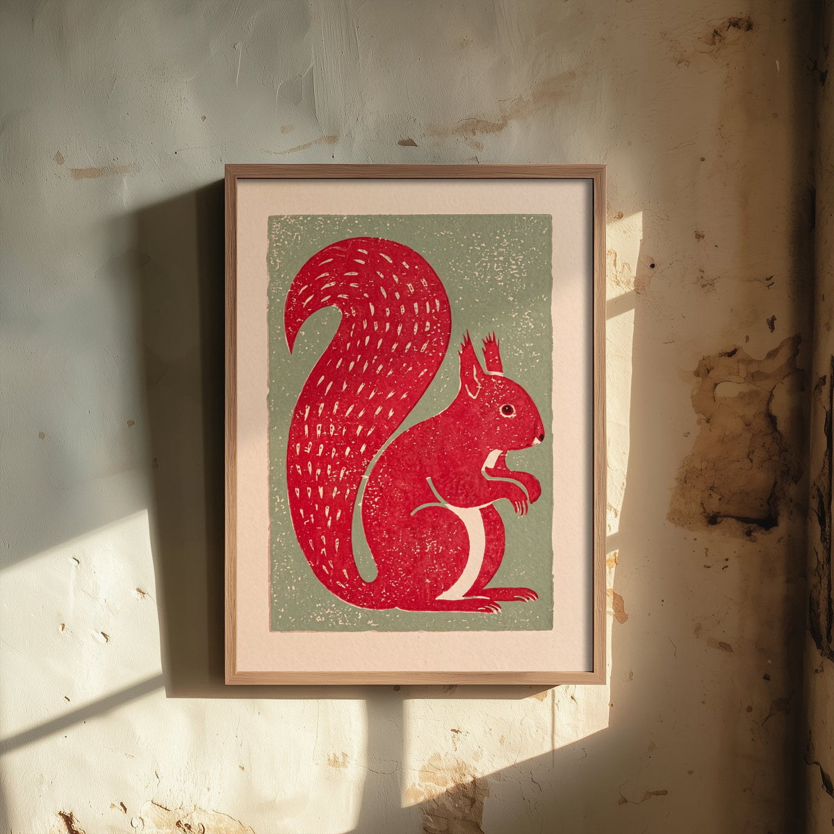 Red Squirrel Art Print - Rustic Linocut Countryside Illustration - British Wildlife Nursery Poster 1/3