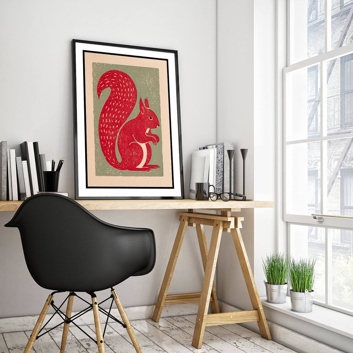 Red Squirrel Art Print - Rustic Linocut Countryside Illustration - British Wildlife Nursery Poster 1/3