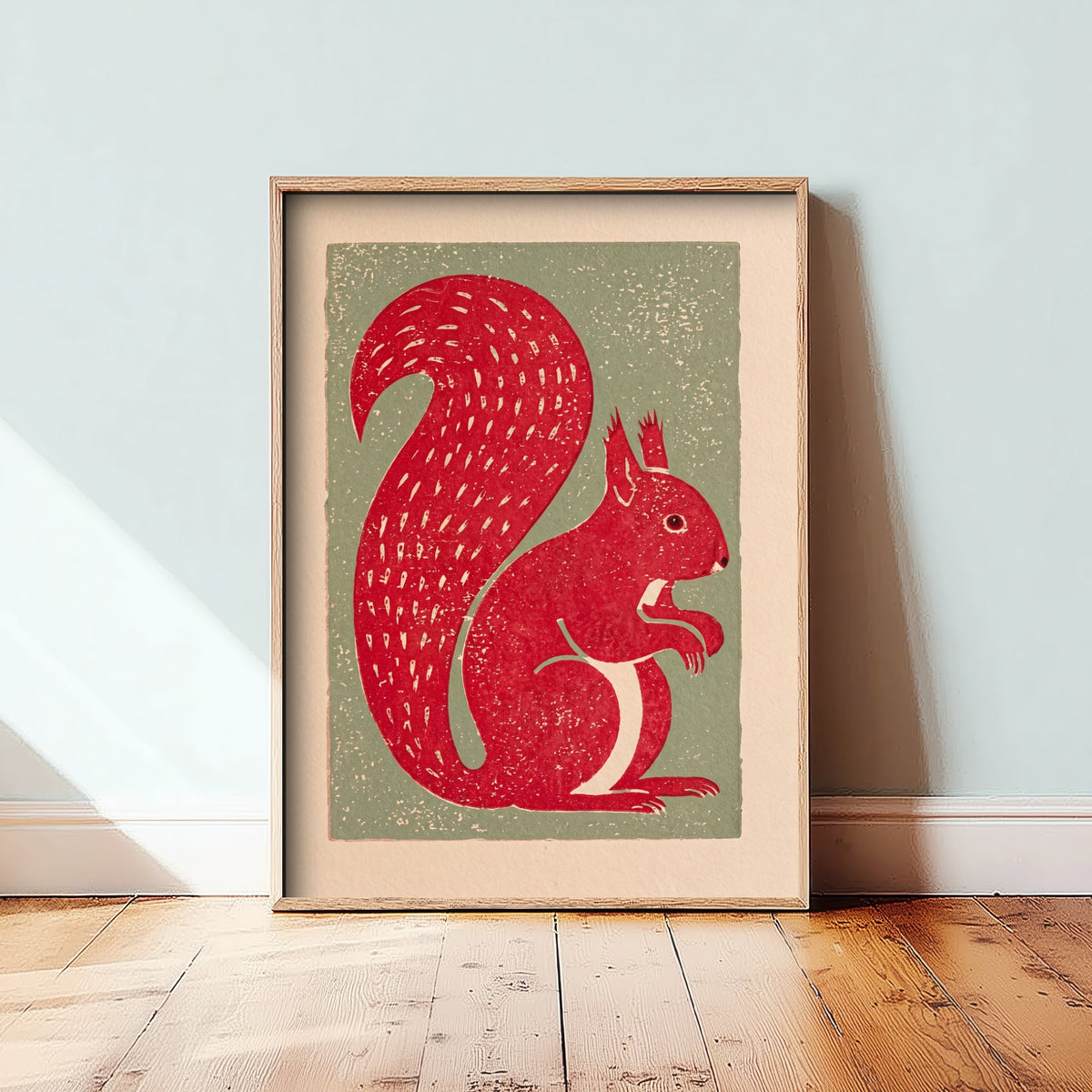 Red Squirrel Art Print - Rustic Linocut Countryside Illustration - British Wildlife Nursery Poster 1/3