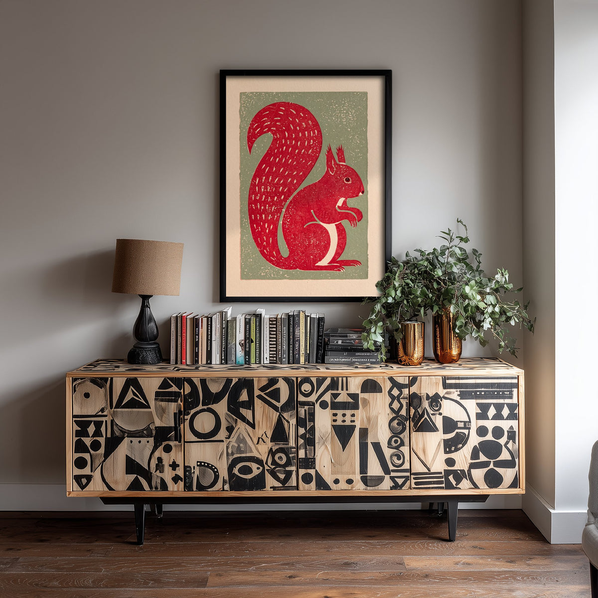 Red Squirrel Art Print - Rustic Linocut Countryside Illustration - British Wildlife Nursery Poster 1/3