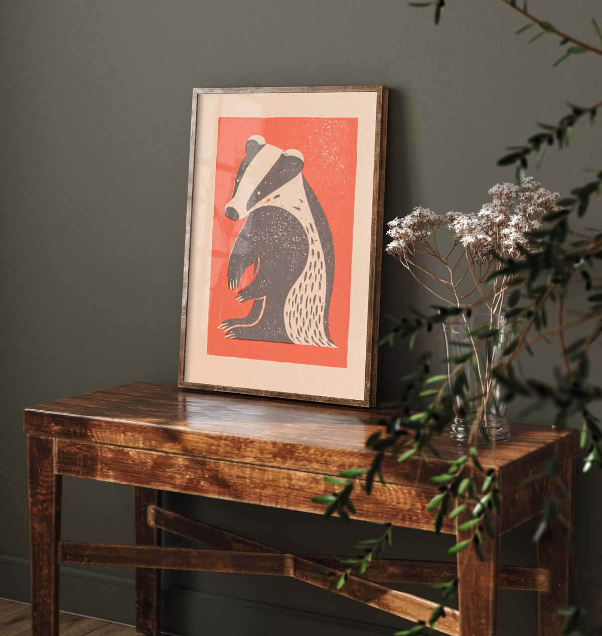 Badger Art Print - Rustic Linocut British Wildlife Illustration - Woodland Countryside Poster 2/3