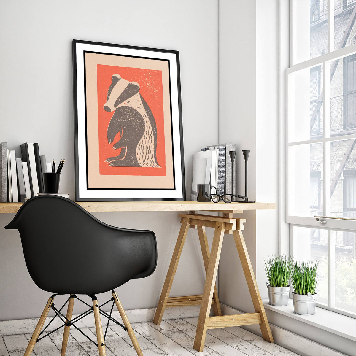 Badger Art Print - Rustic Linocut British Wildlife Illustration - Woodland Countryside Poster 2/3
